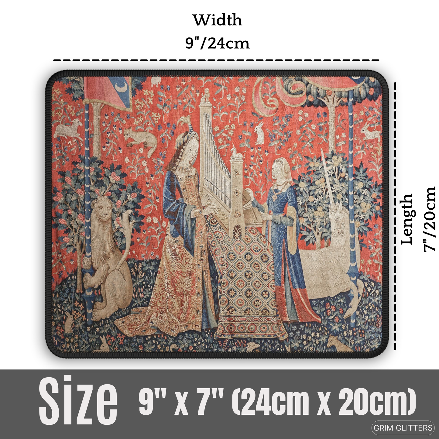 Enhance your gaming experience with the enchanting Lady and the Unicorn (Hearing) Gaming Mouse Pad from Grim Glitters. Inspired by the iconic medieval tapestry, this mouse pad combines historical charm with modern functionality, adding a touch of elegance