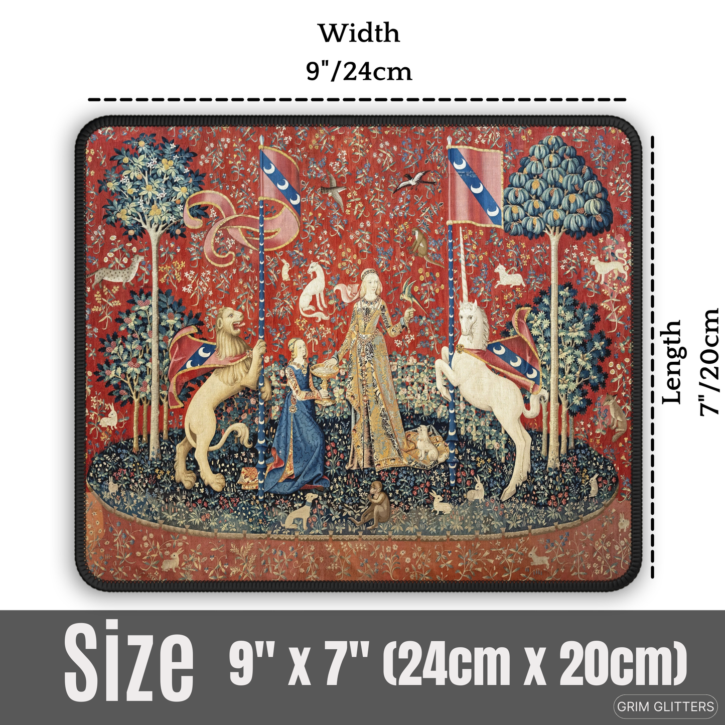 Enhance your gaming experience with the enchanting Lady and the Unicorn (Taste) Gaming Mouse Pad from Grim Glitters. Inspired by the iconic medieval tapestry, this mouse pad combines historical charm with modern functionality, adding a touch of elegance t