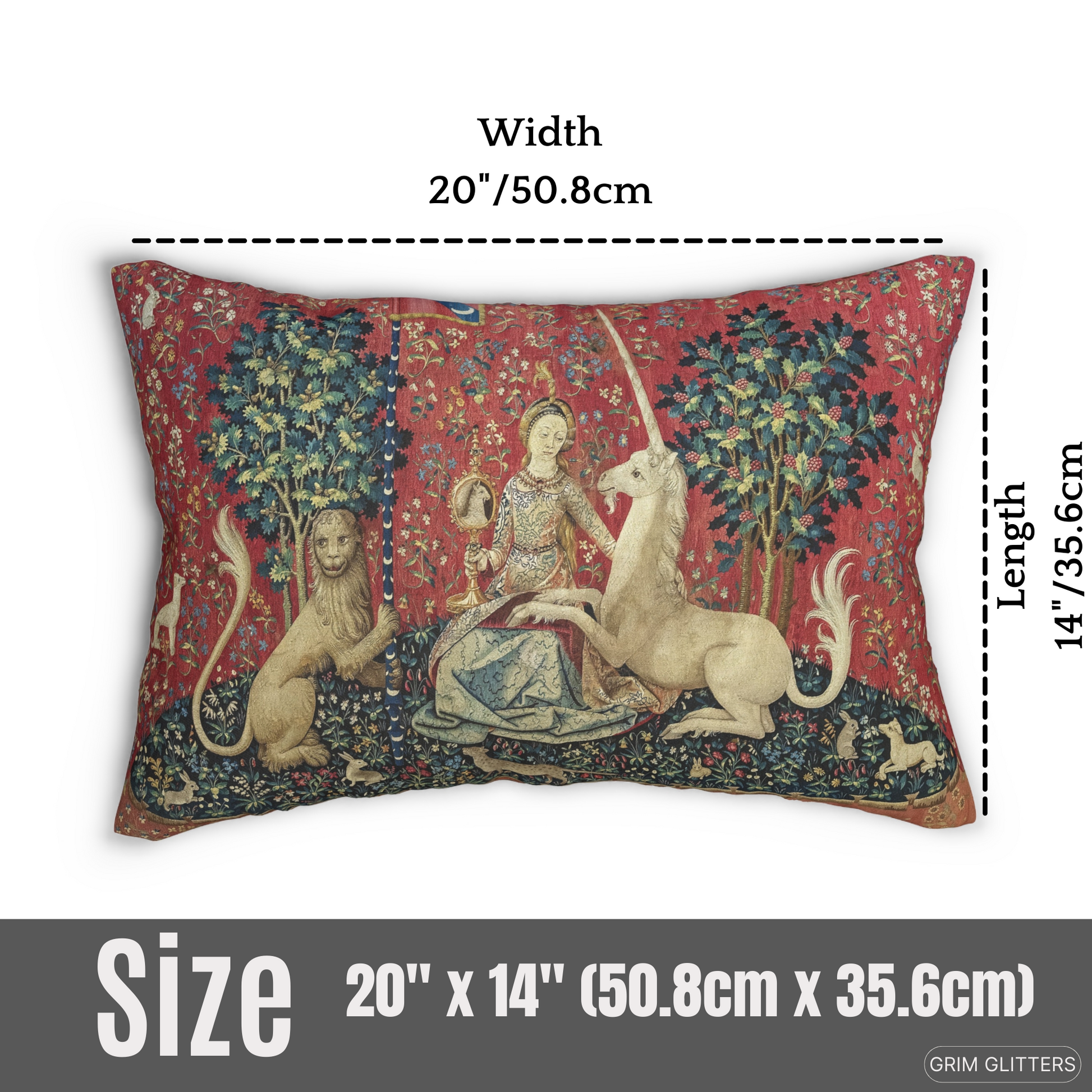 Elevate your home decor with The Lady and the Unicorn (Sight) Lumbar Pillow from Grim Glitters. Inspired by the iconic Unicorn Tapestry, this pillow combines historical charm with modern comfort, featuring eco-friendly materials and intricate medieval art