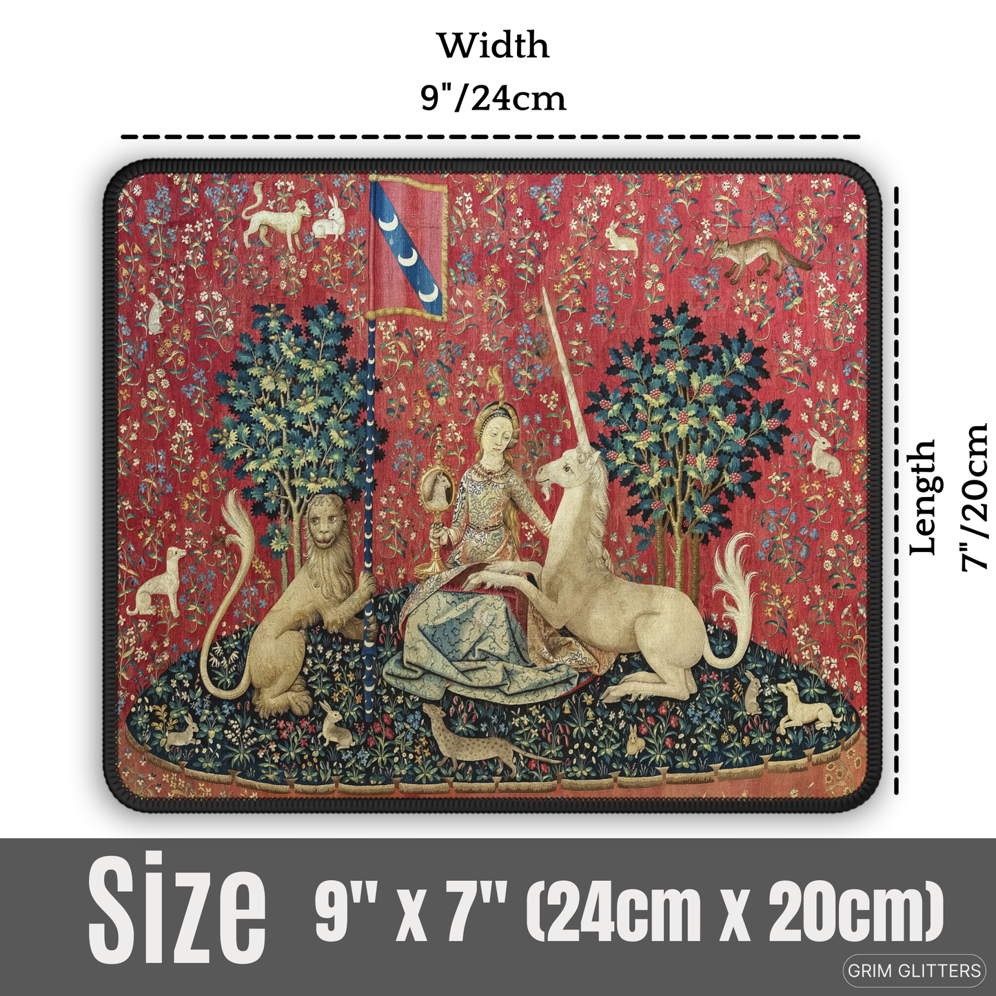 Enhance your gaming experience with the enchanting elegance of The Lady and the Unicorn (Sight) Gaming Mouse Pad from Grim Glitters. Inspired by the iconic medieval tapestry, this mouse pad combines historical charm with modern functionality.