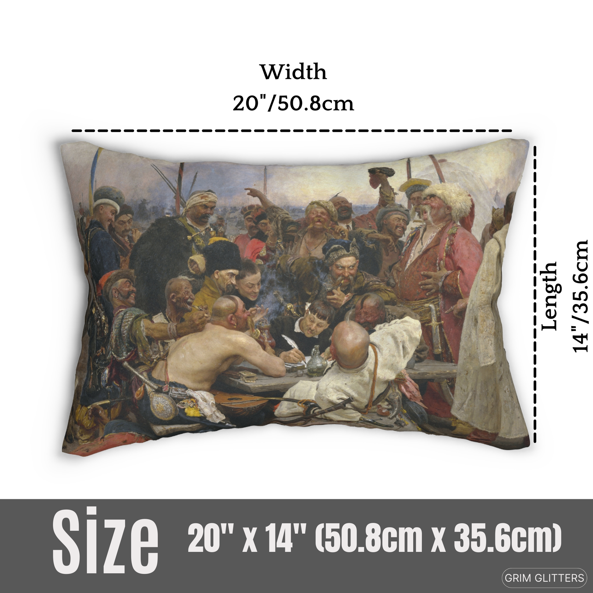 Reply of the Zaporozhian Cossacks Lumbar Pillow featuring Ilya Repin's painting, 20" x 14" (50.8cm x 35.6cm) size illustration.