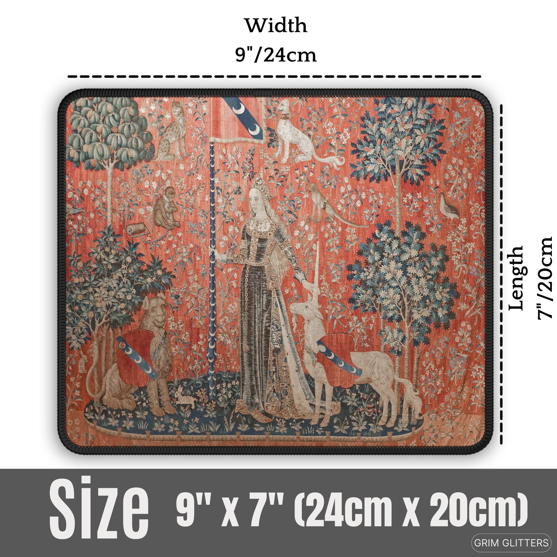 Enhance your gaming experience with the enchanting elegance of The Lady and the Unicorn (Touch) Gaming Mouse Pad from Grim Glitters. Inspired by the iconic medieval tapestry, this mouse pad combines historical charm with modern functionality, making it a