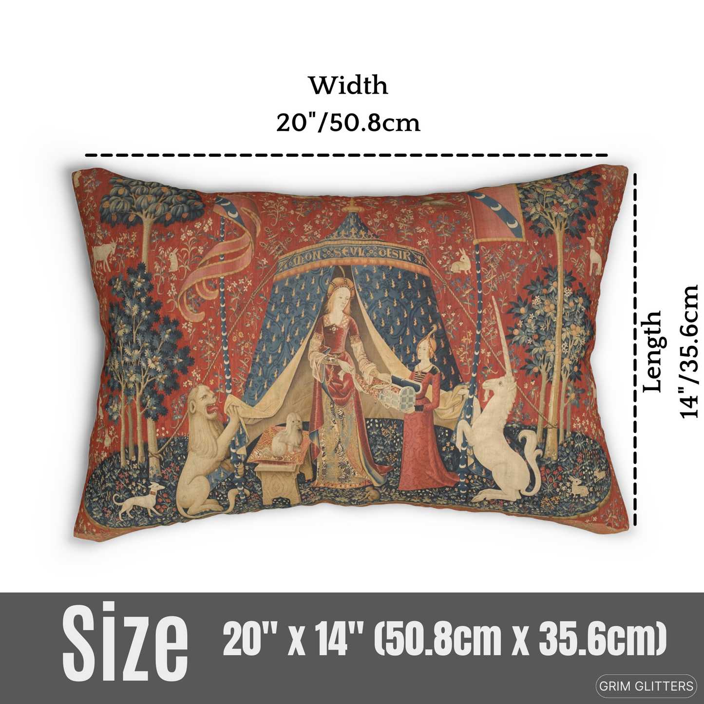 Elevate your home decor with the enchanting Lady and the Unicorn (Desire) Lumbar Pillow from Grim Glitters. Inspired by the iconic Unicorn Tapestry, this pillow brings historical charm and mystical allure to any room, crafted from eco-friendly materials f