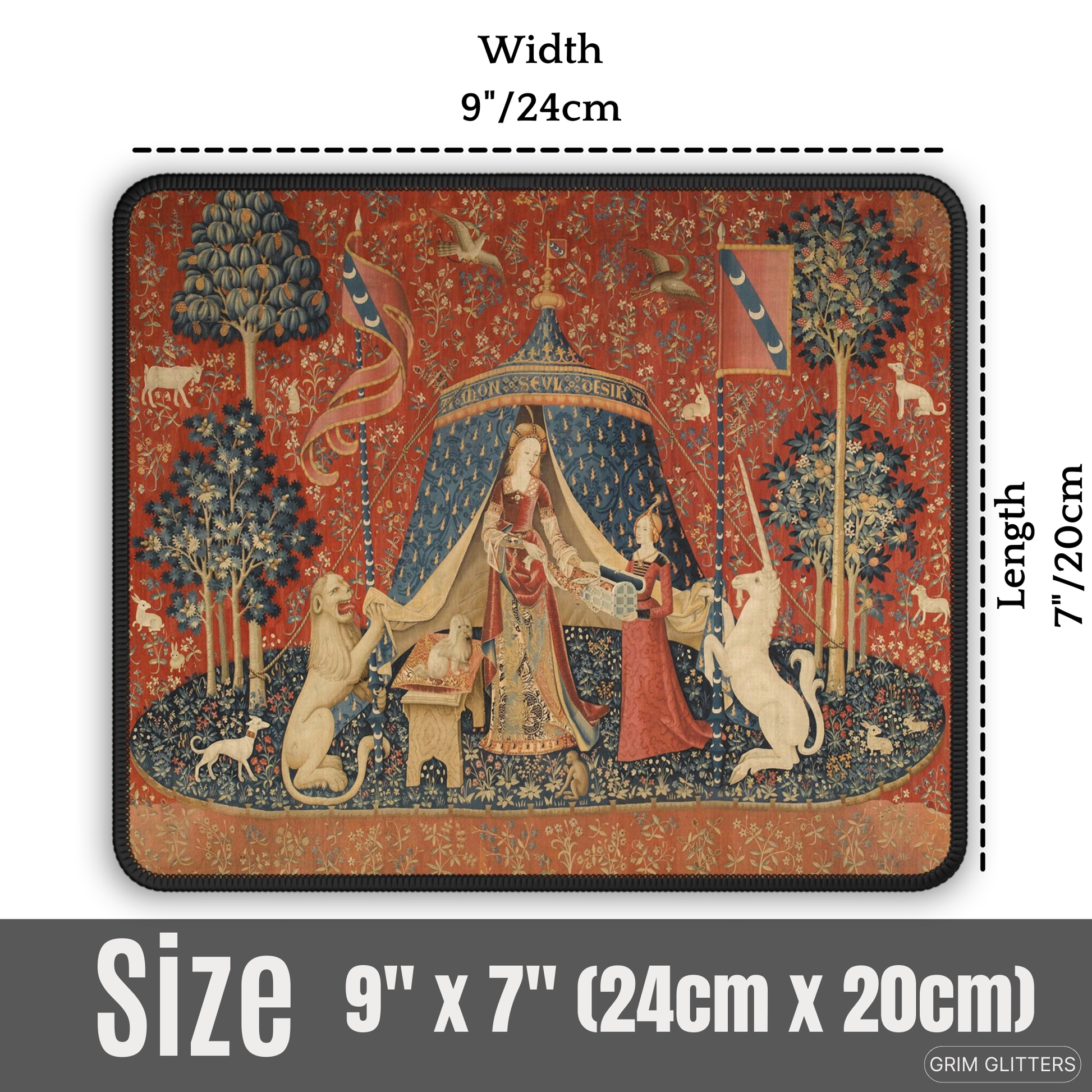 Enhance your gaming experience with the enchanting Lady and the Unicorn (Desire) Gaming Mouse Pad from Grim Glitters. Featuring the iconic medieval tapestry, this mouse pad combines historical charm with modern functionality, adding a touch of elegance to