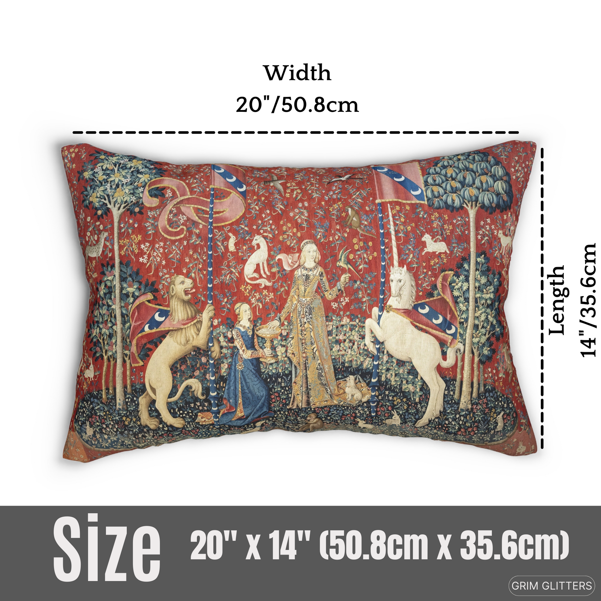 Elevate your home decor with the enchanting beauty of The Lady and the Unicorn (Taste) Lumbar Pillow from Grim Glitters. Inspired by the iconic Unicorn Tapestry, this captivating pillow combines historical charm and modern comfort.