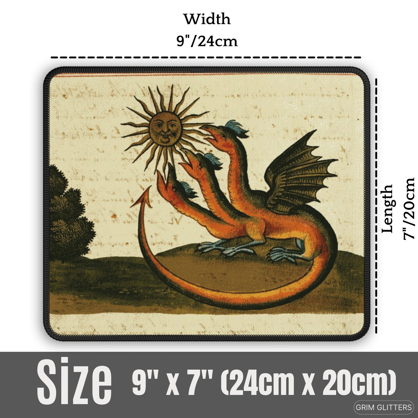 Enhance your gaming setup with the mystical Three-Headed Dragon Gaming Mouse Pad from Grim Glitters. Inspired by the Clavis Artis manuscript, this mouse pad features a captivating three-headed dragon design, blending alchemical symbolism with modern funct