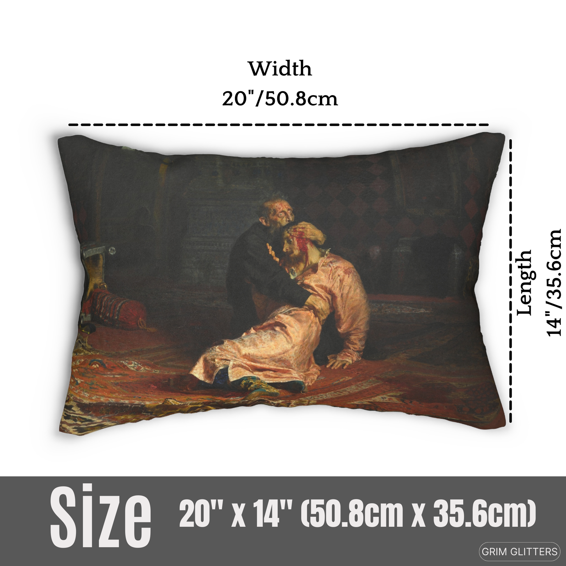 Ivan the Terrible and His Son Ivan lumbar pillow inspired by Ilya Repin's painting, 20" x 14" (50.8cm x 35.6cm), dramatic historical design.