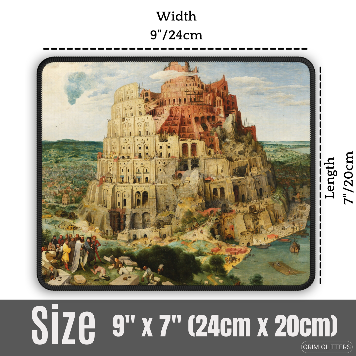 Immerse yourself in medieval art with the Tower of Babel Gaming Mouse Pad from Grim Glitters. Inspired by Pieter Bruegel the Elder's iconic painting, this mouse pad blends historical elegance with modern functionality, perfect for adding artistic charm to