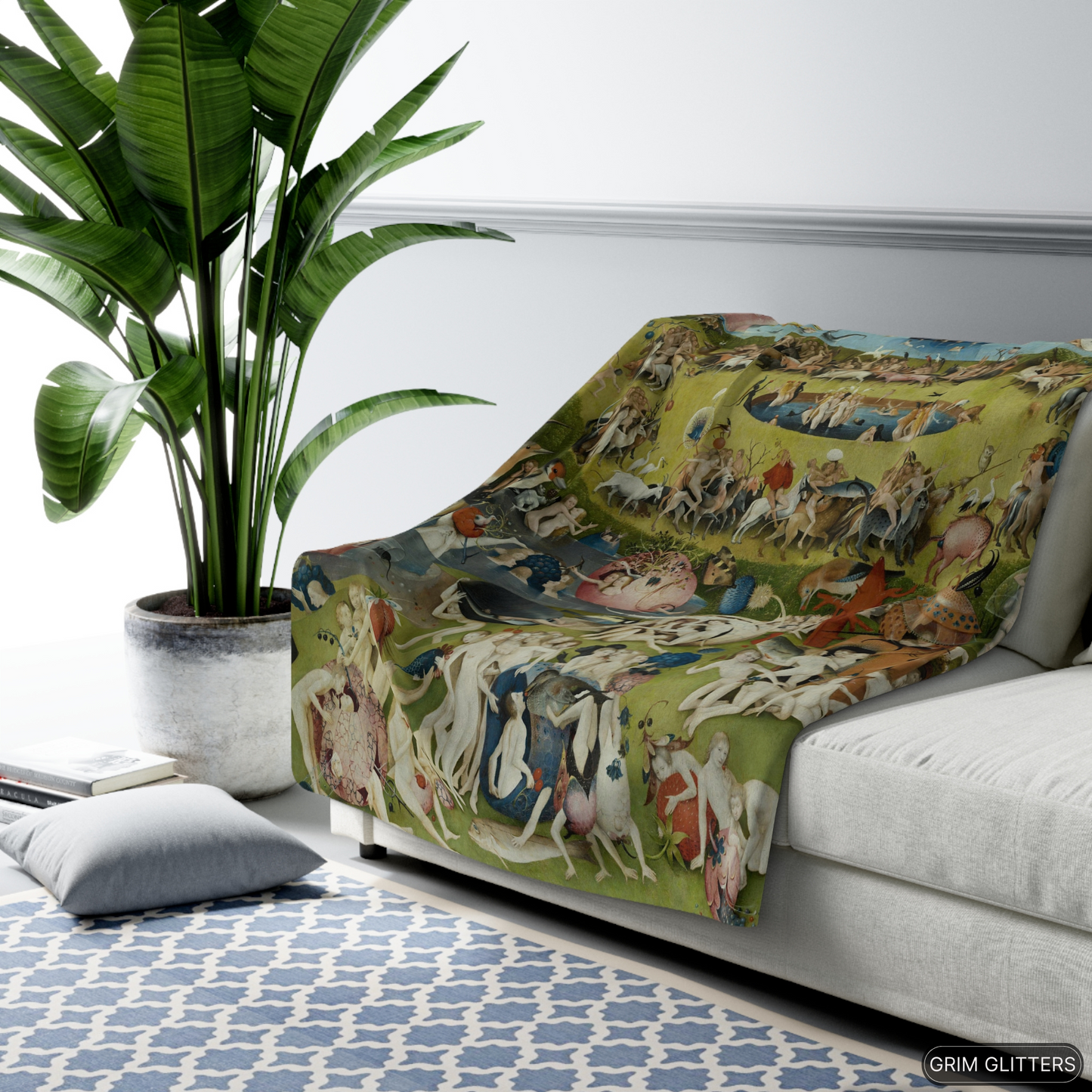 Step into the surreal world of Hieronymus Bosch with the Garden of Earthly Delights Sherpa Fleece Blanket. Featuring the middle panel of Bosch's triptych.