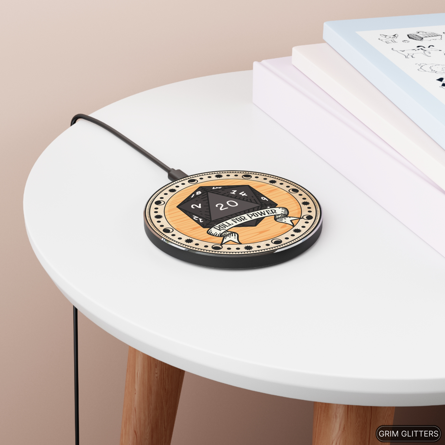 Elevate your gaming setup with the Roll for Power D20 Wireless Charger from Grim Glitters. Featuring a central D20 design and mystical astrology symbols, this Qi-compatible charger offers seamless wireless charging for all Qi-enabled devices. Perfect for