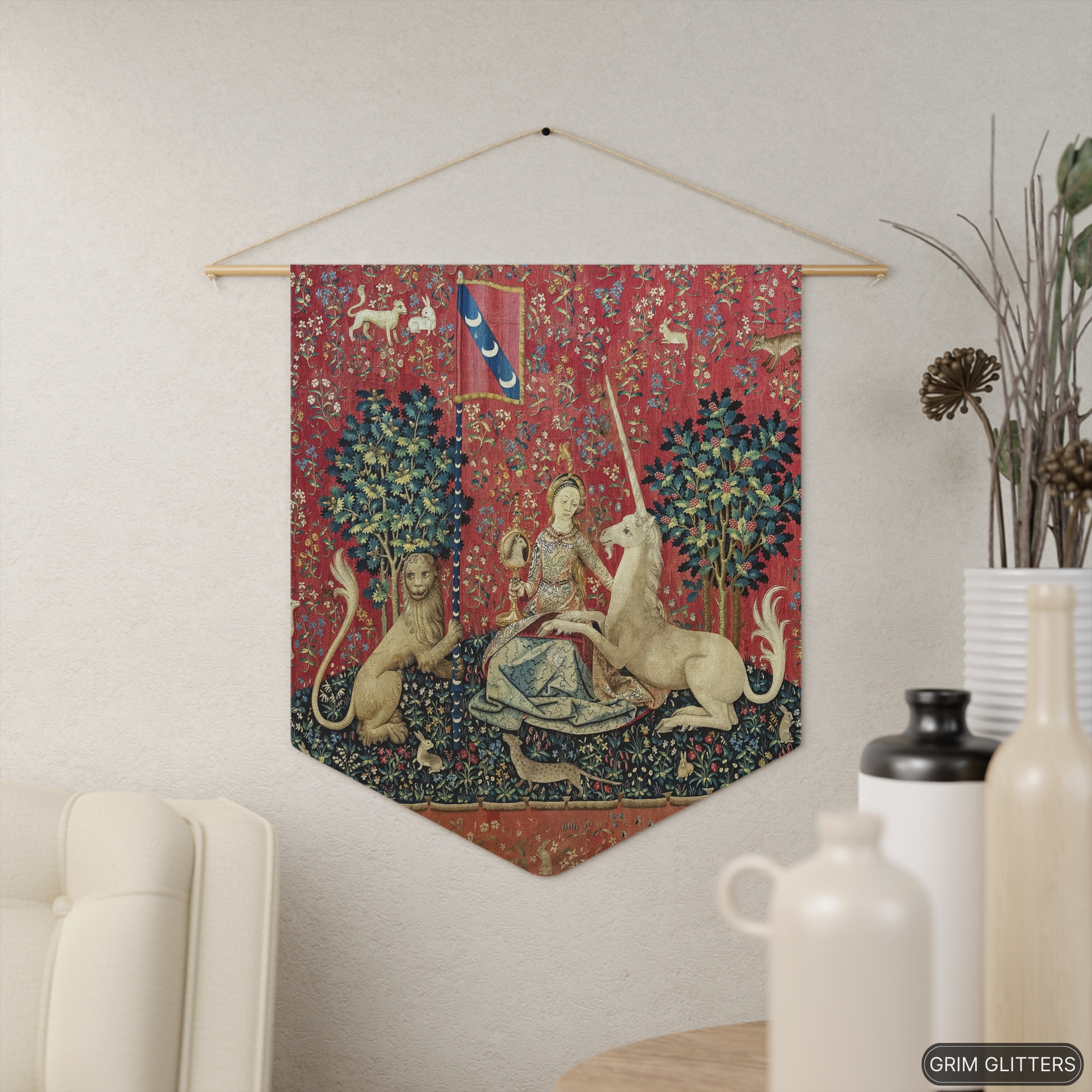 Step into the enchanting world of medieval art with The Lady and the Unicorn (Sight) Pennant Banner from Grim Glitters.