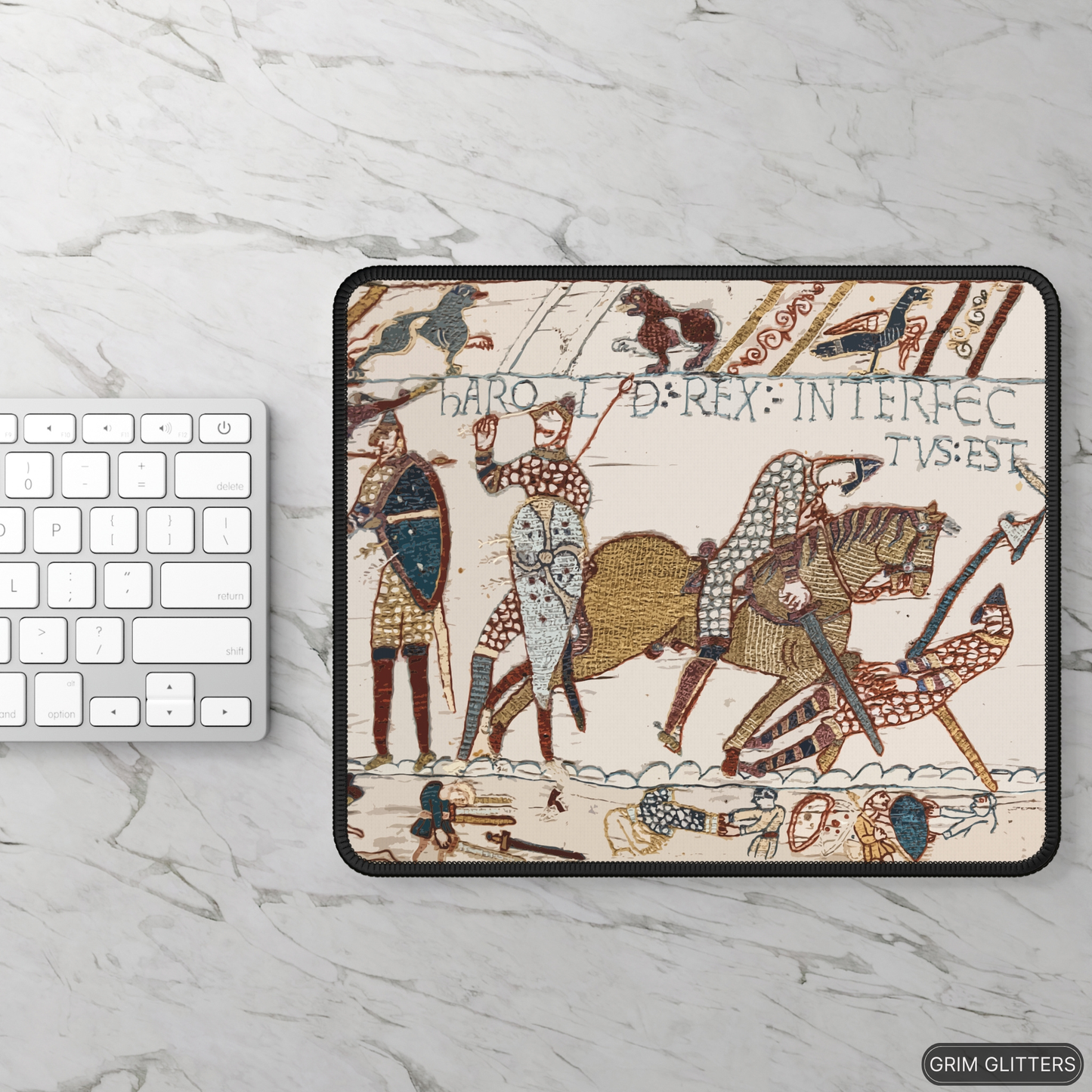 Elevate your gaming experience with the historical charm of The Death of King Harold Gaming Mouse Pad. Inspired by the iconic Bayeux Tapestry, this mouse pad captures the dramatic moment of King Harold's demise during the Battle of Hastings. Made from dur