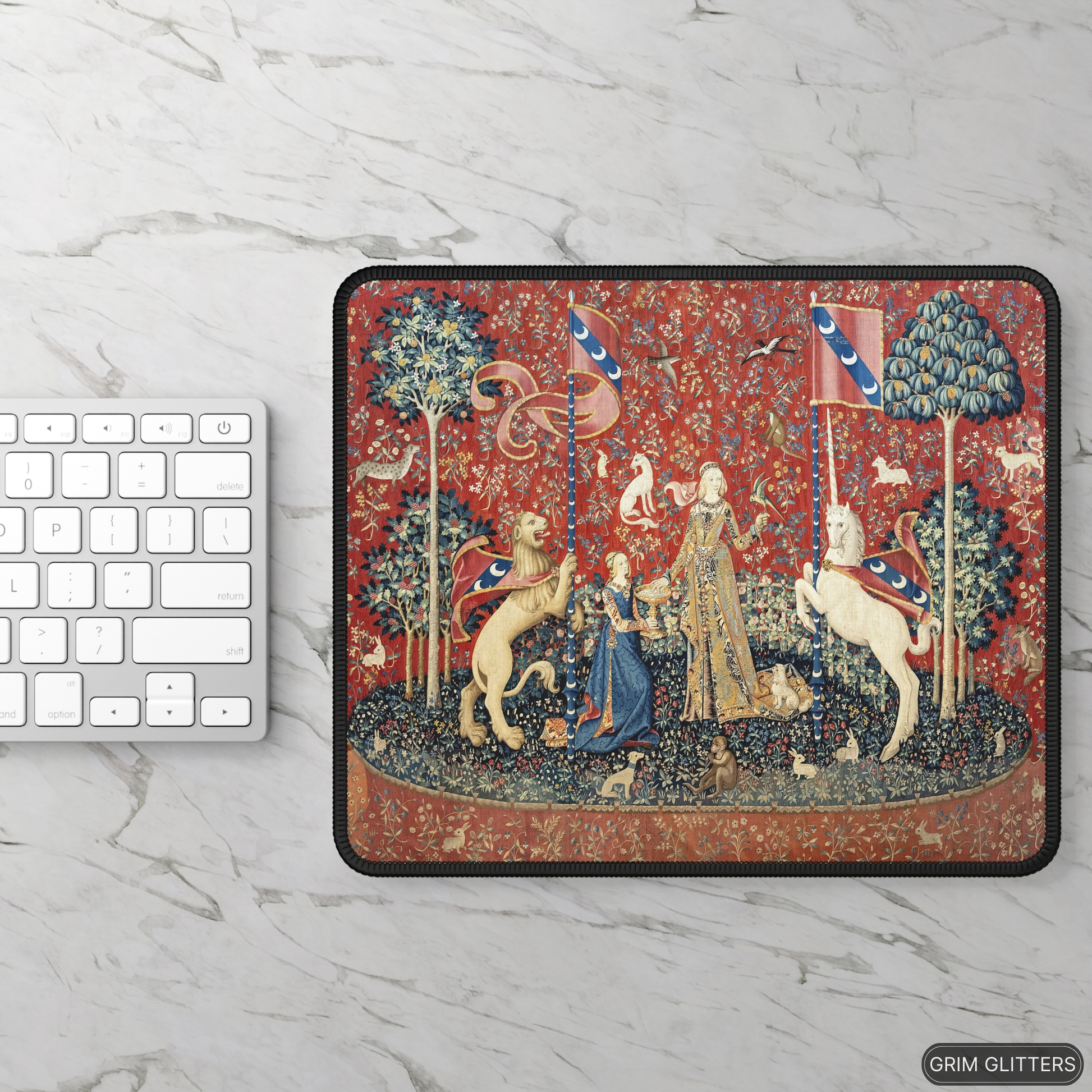 Enhance your gaming experience with the enchanting Lady and the Unicorn (Taste) Gaming Mouse Pad from Grim Glitters. Inspired by the iconic medieval tapestry, this mouse pad combines historical charm with modern functionality, adding a touch of elegance t