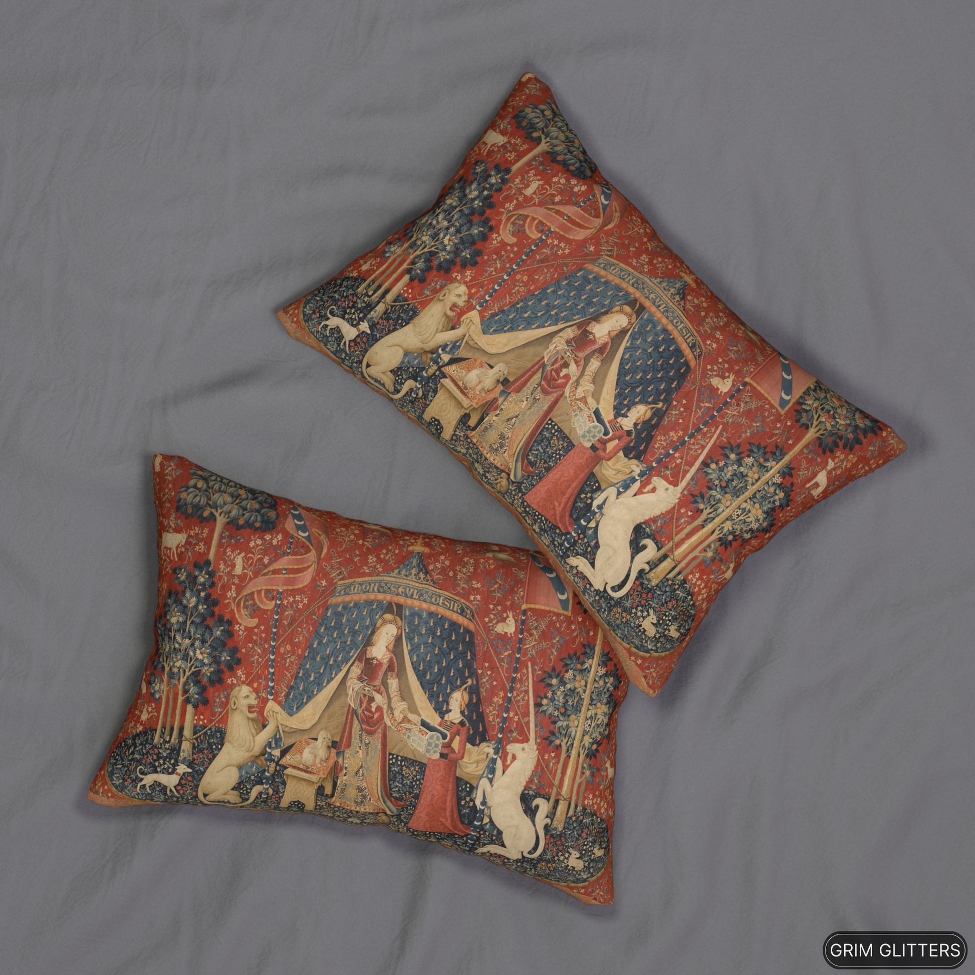 Elevate your home decor with the enchanting Lady and the Unicorn (Desire) Lumbar Pillow from Grim Glitters. Inspired by the iconic Unicorn Tapestry, this pillow brings historical charm and mystical allure to any room, crafted from eco-friendly materials f