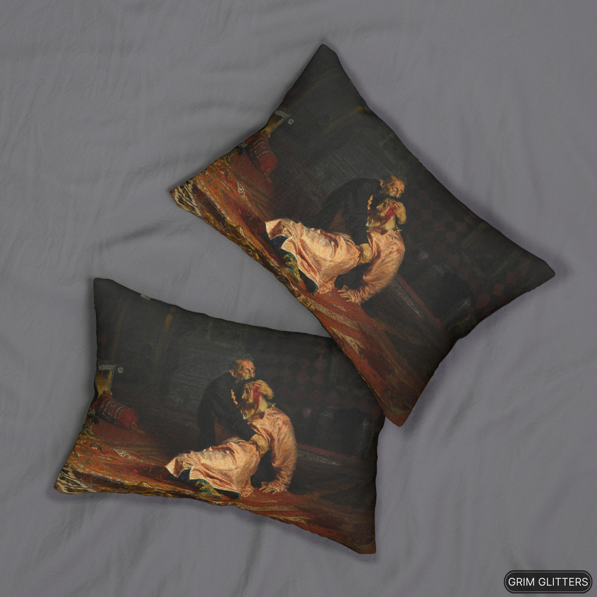 Ivan the Terrible and His Son pillow set, dramatic historical art on lumbar pillows, inspired by Ilya Repin's painting.