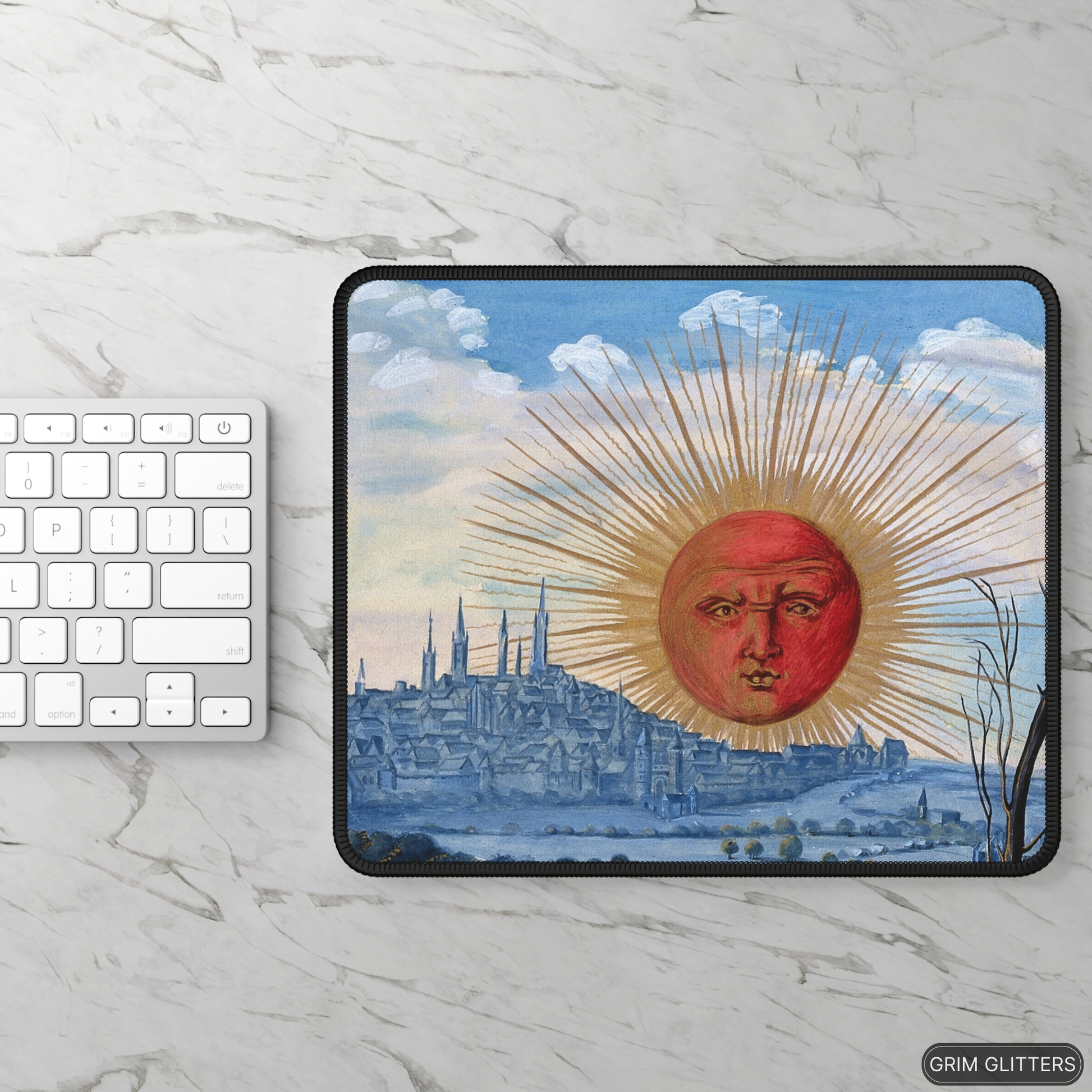 Enhance your desk with the Splendor Solis Gaming Mouse Pad from Grim Glitters. Featuring the mystical "A Red Sun Rises" alchemical illustration, this mouse pad combines rich symbolism with practical design. Perfect for gamers and lovers of esoteric art.