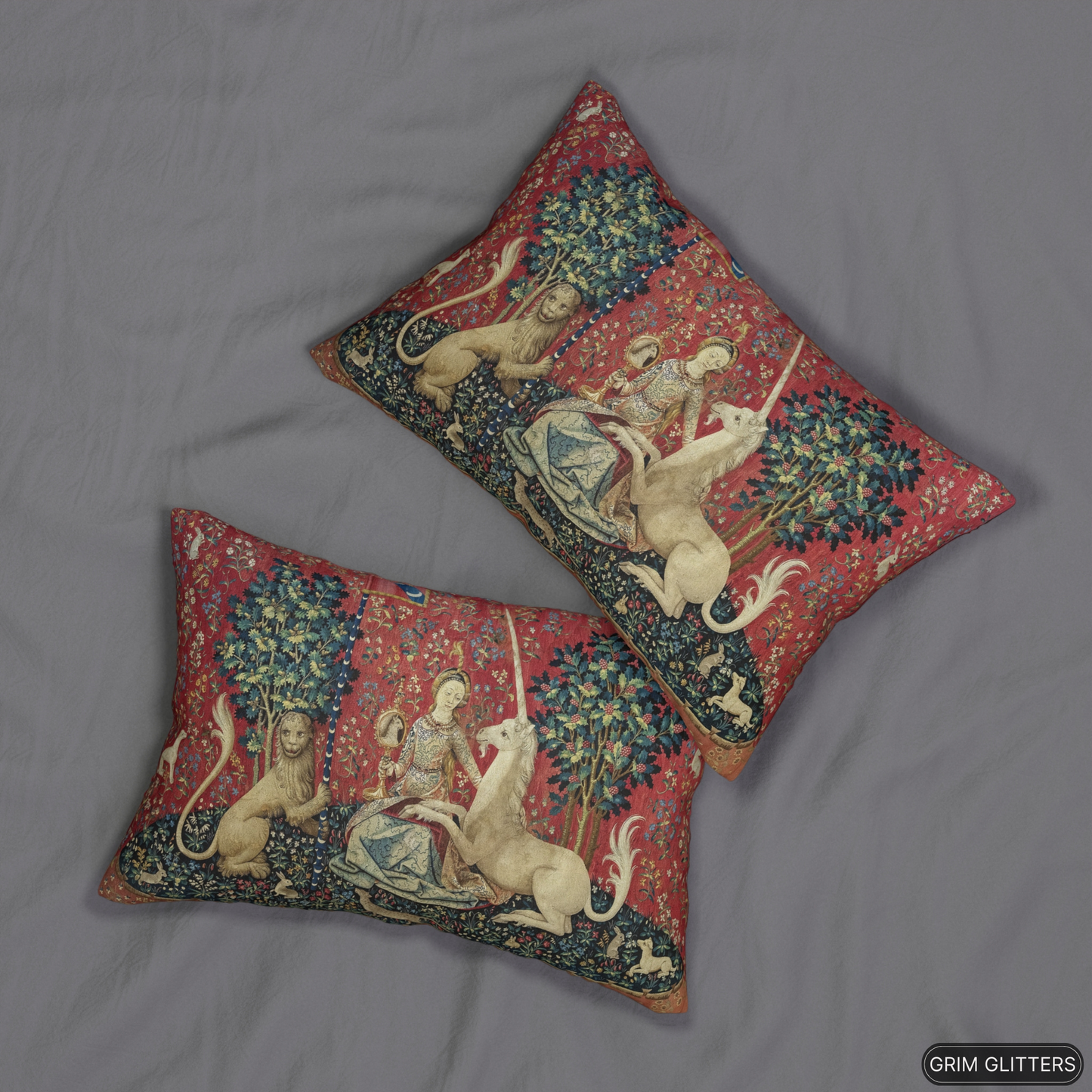 Elevate your home decor with The Lady and the Unicorn (Sight) Lumbar Pillow from Grim Glitters. Inspired by the iconic Unicorn Tapestry, this pillow combines historical charm with modern comfort, featuring eco-friendly materials and intricate medieval art