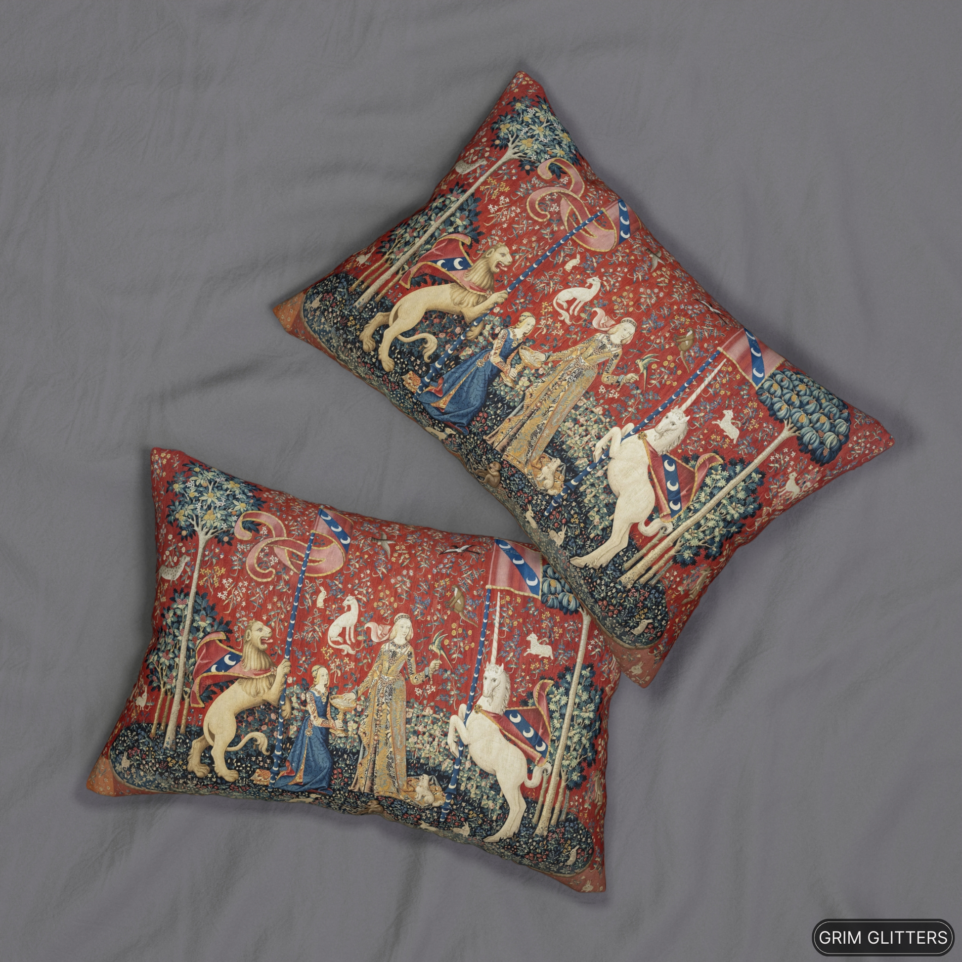 Elevate your home decor with the enchanting beauty of The Lady and the Unicorn (Taste) Lumbar Pillow from Grim Glitters. Inspired by the iconic Unicorn Tapestry, this captivating pillow combines historical charm and modern comfort.