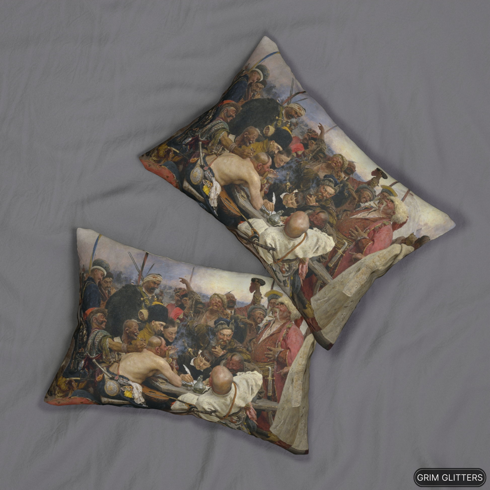 Reply of the Zaporozhian Cossacks Lumbar Pillow featuring Ilya Repin's iconic painting on a pair of decorative throw pillows.