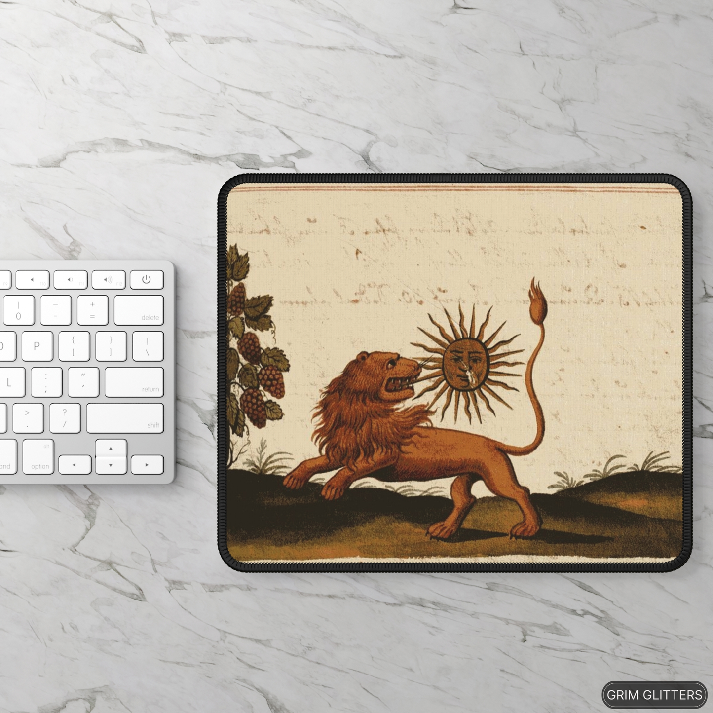 Enhance your gaming experience with the Lion Eating the Sun Gaming Mouse Pad from Grim Glitters. Inspired by the Clavis Artis manuscript, this mouse pad features the mystical image of a lion devouring the sun, adding a touch of esoteric wisdom and medieva