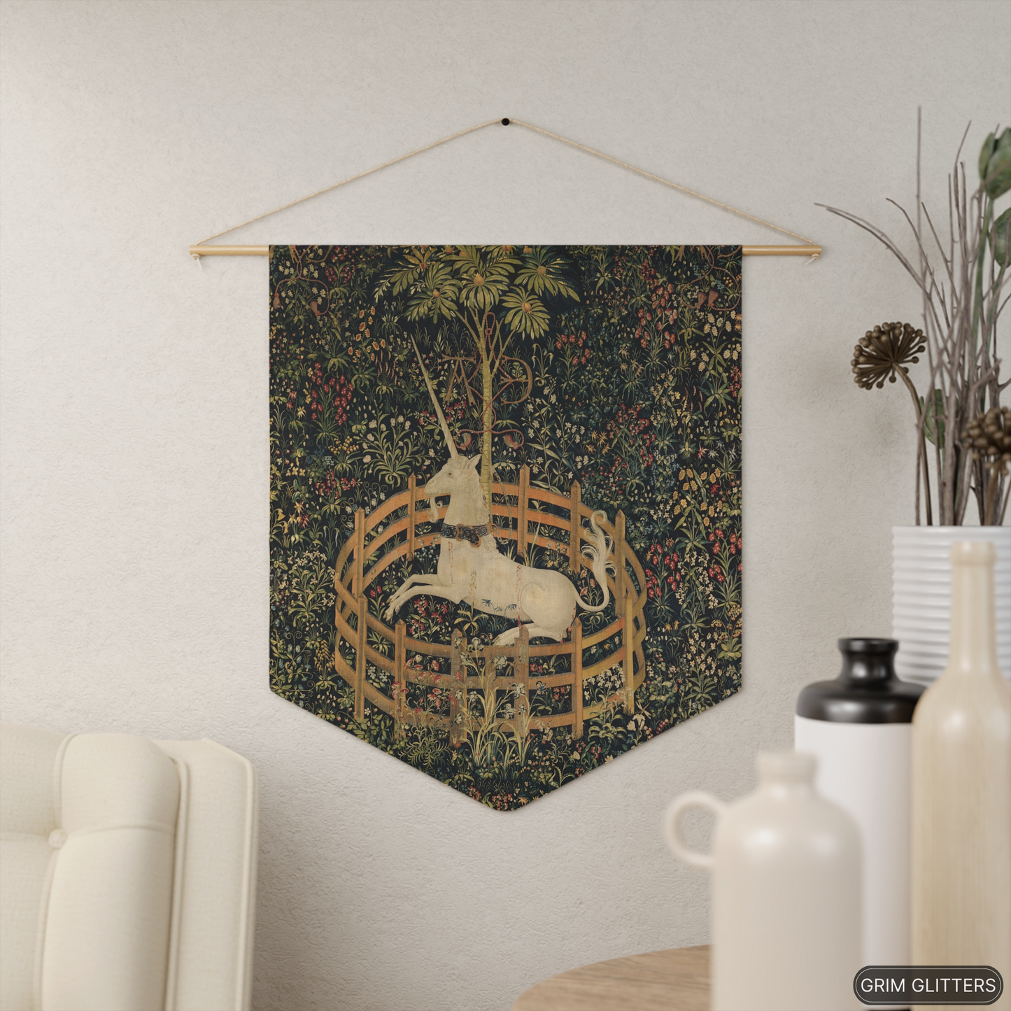 Add a touch of medieval charm to your home with the Unicorn in Captivity Pennant Banner from Grim Glitters. This banner brings magical allure to any space.