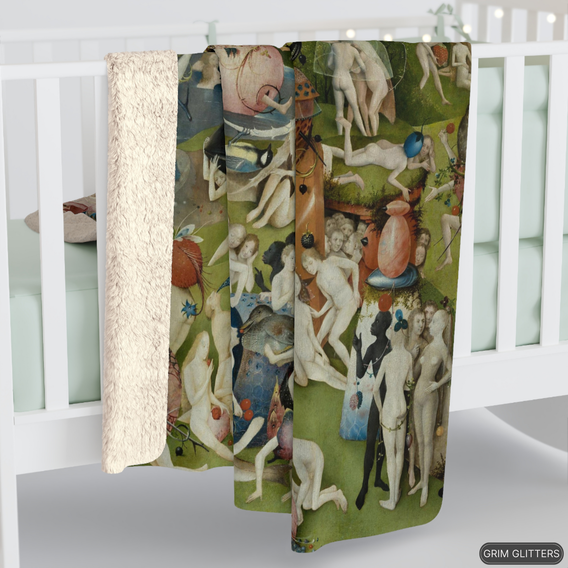 Step into the surreal world of Hieronymus Bosch with the Garden of Earthly Delights Sherpa Fleece Blanket. Featuring the middle panel of Bosch's triptych.