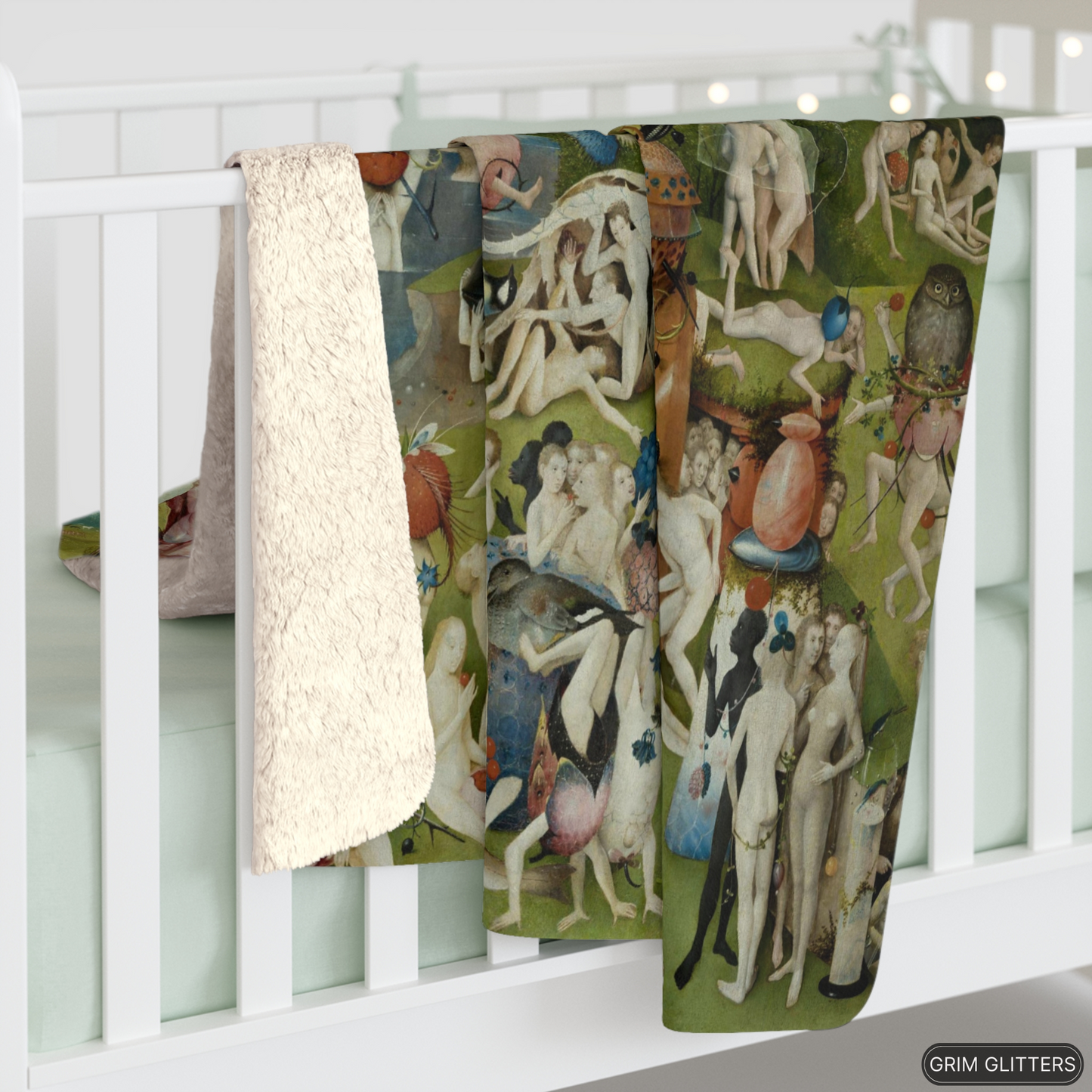 Step into the surreal world of Hieronymus Bosch with the Garden of Earthly Delights Sherpa Fleece Blanket. Featuring the middle panel of Bosch's triptych.