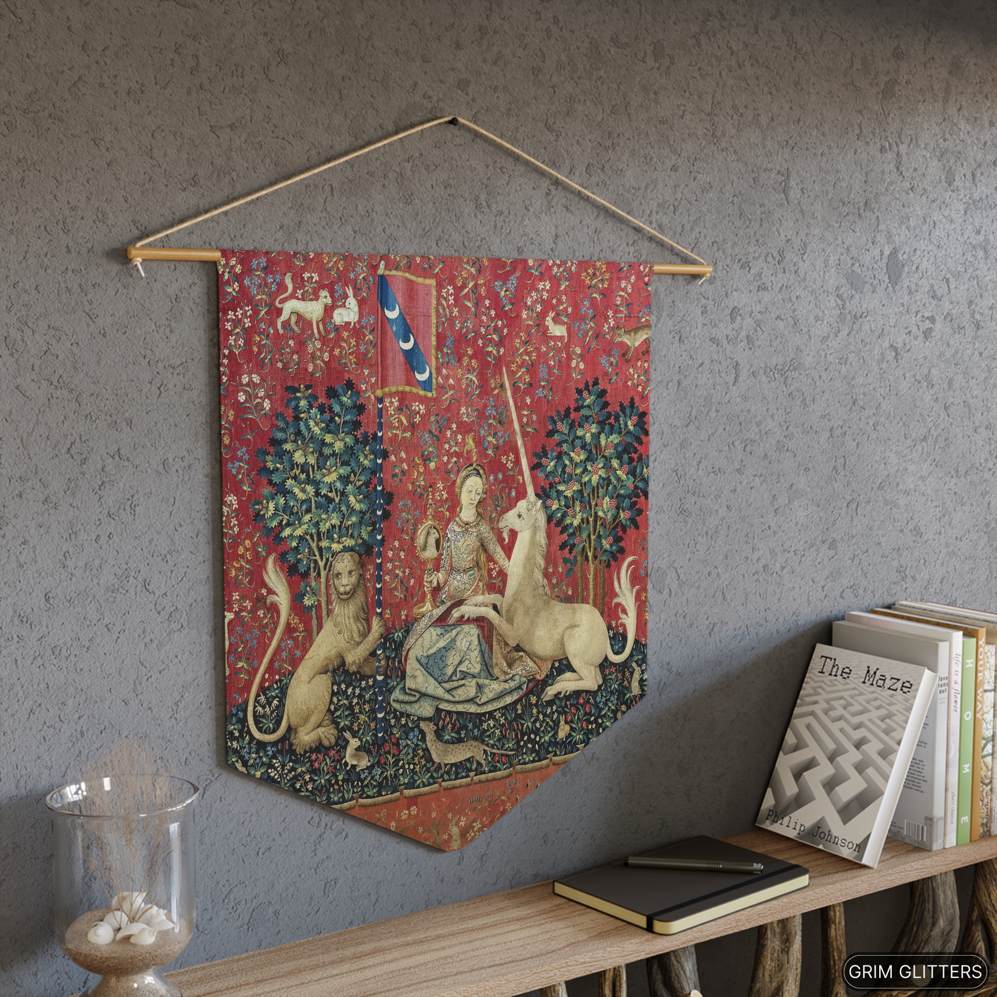 Step into the enchanting world of medieval art with The Lady and the Unicorn (Sight) Pennant Banner from Grim Glitters.