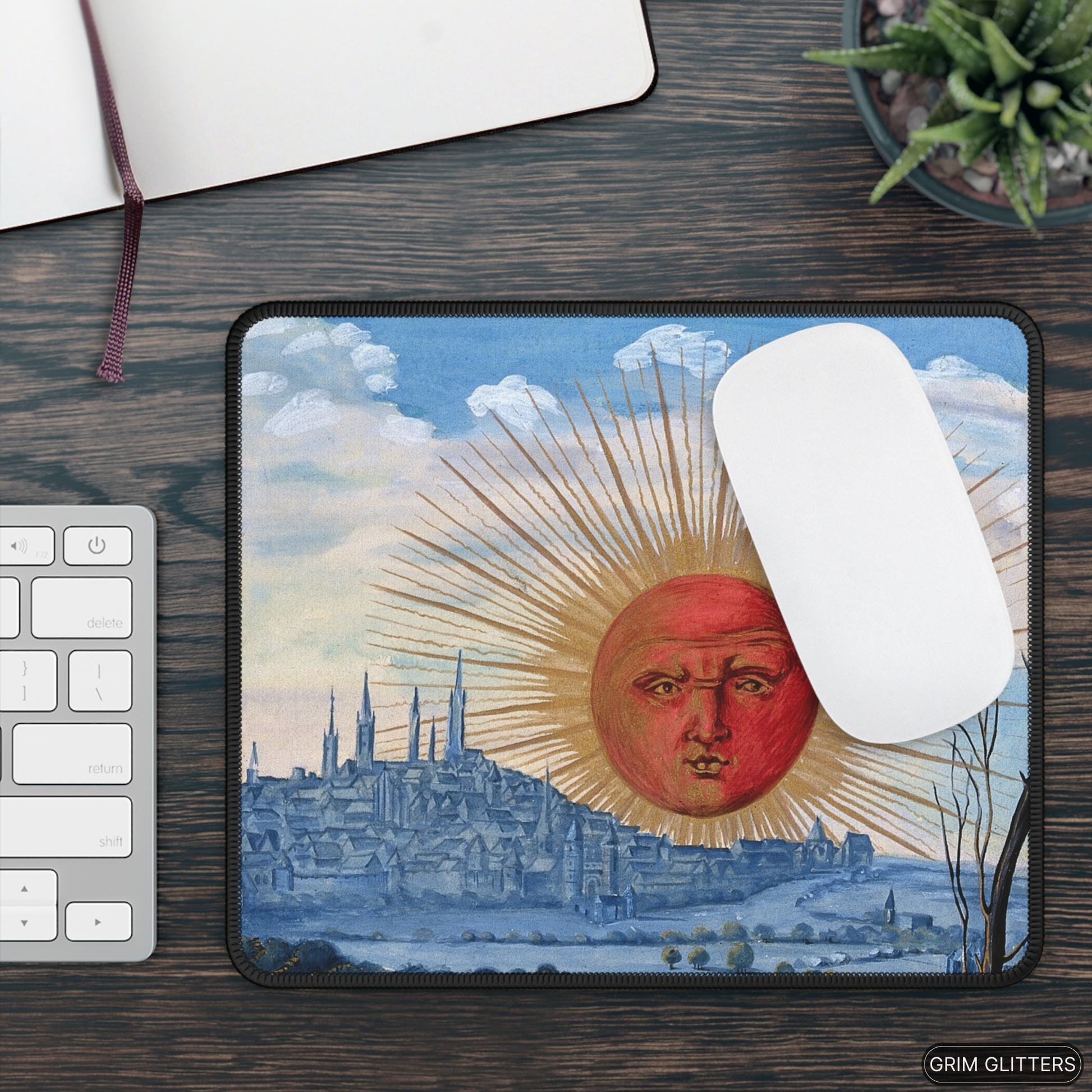 Enhance your desk with the Splendor Solis Gaming Mouse Pad from Grim Glitters. Featuring the mystical "A Red Sun Rises" alchemical illustration, this mouse pad combines rich symbolism with practical design. Perfect for gamers and lovers of esoteric art.