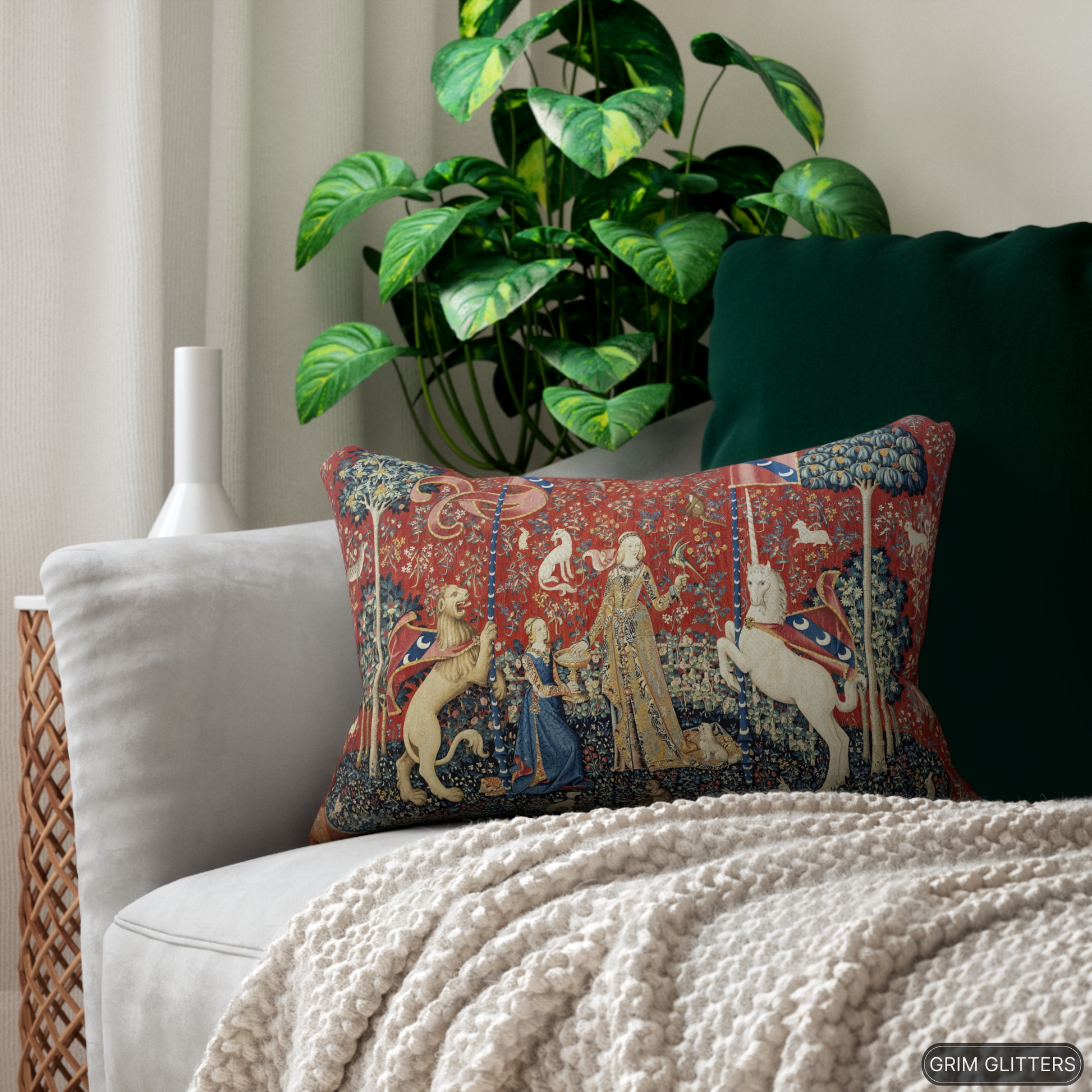 Elevate your home decor with the enchanting beauty of The Lady and the Unicorn (Taste) Lumbar Pillow from Grim Glitters. Inspired by the iconic Unicorn Tapestry, this captivating pillow combines historical charm and modern comfort.