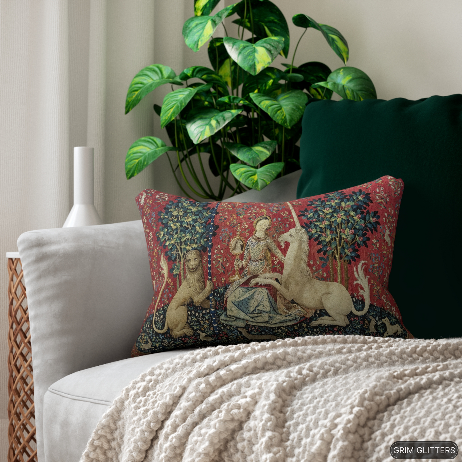 Elevate your home decor with The Lady and the Unicorn (Sight) Lumbar Pillow from Grim Glitters. Inspired by the iconic Unicorn Tapestry, this pillow combines historical charm with modern comfort, featuring eco-friendly materials and intricate medieval art