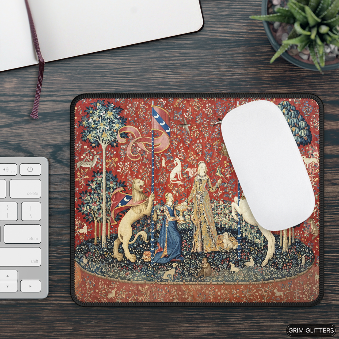 Enhance your gaming experience with the enchanting Lady and the Unicorn (Taste) Gaming Mouse Pad from Grim Glitters. Inspired by the iconic medieval tapestry, this mouse pad combines historical charm with modern functionality, adding a touch of elegance t