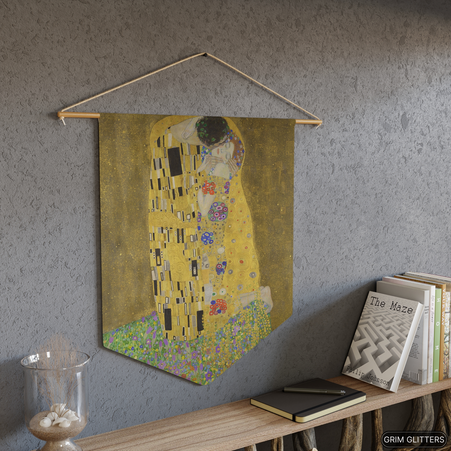 Embrace the timeless allure of Gustav Klimt's "The Kiss" with this stunning pennant banner from Grim Glitters.