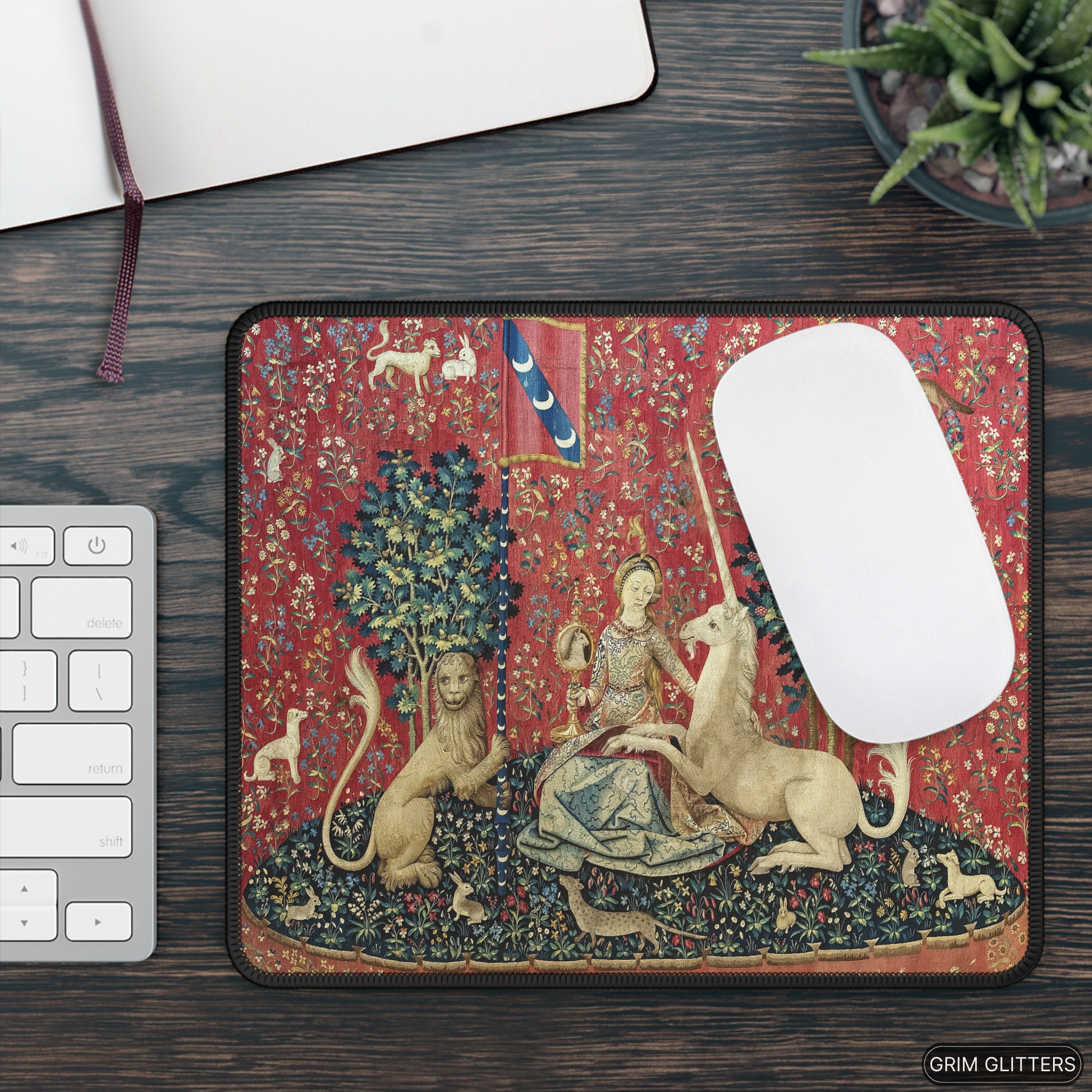 Enhance your gaming experience with the enchanting elegance of The Lady and the Unicorn (Sight) Gaming Mouse Pad from Grim Glitters. Inspired by the iconic medieval tapestry, this mouse pad combines historical charm with modern functionality.