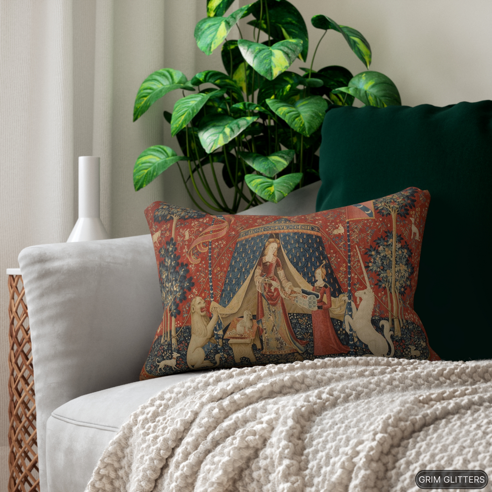 Elevate your home decor with the enchanting Lady and the Unicorn (Desire) Lumbar Pillow from Grim Glitters. Inspired by the iconic Unicorn Tapestry, this pillow brings historical charm and mystical allure to any room, crafted from eco-friendly materials f