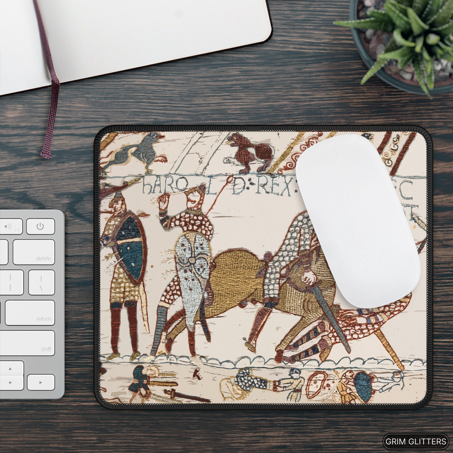 Elevate your gaming experience with the historical charm of The Death of King Harold Gaming Mouse Pad. Inspired by the iconic Bayeux Tapestry, this mouse pad captures the dramatic moment of King Harold's demise during the Battle of Hastings. Made from dur