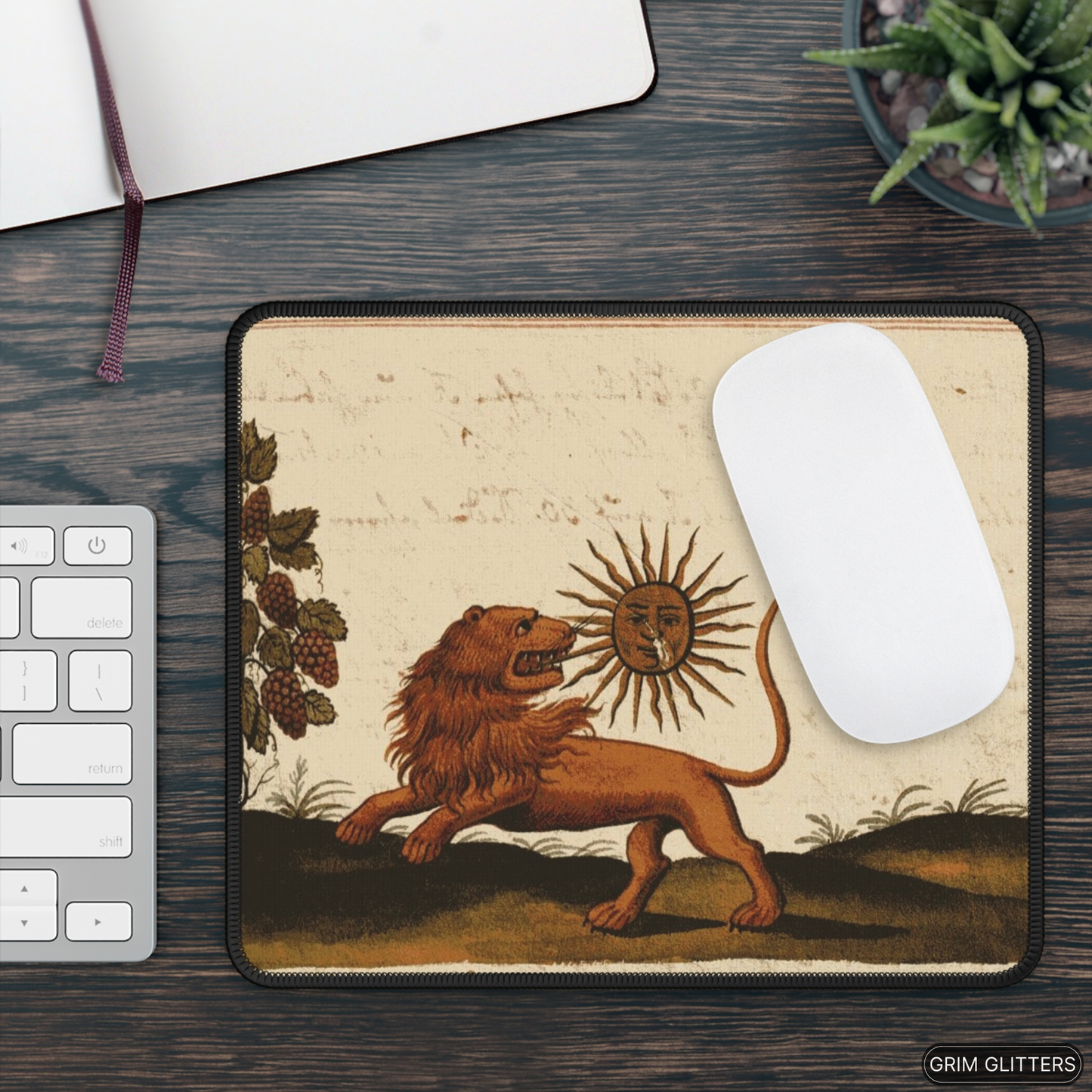 Enhance your gaming experience with the Lion Eating the Sun Gaming Mouse Pad from Grim Glitters. Inspired by the Clavis Artis manuscript, this mouse pad features the mystical image of a lion devouring the sun, adding a touch of esoteric wisdom and medieva