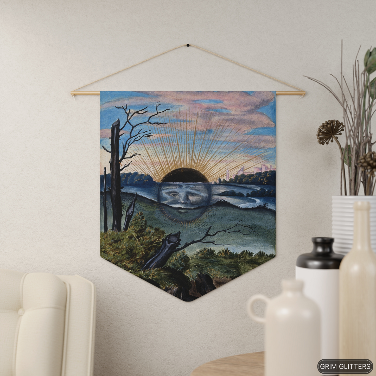 Add a touch of mysticism to your decor with the Splendor Solis Pennant Banner from Grim Glitters. Featuring the captivating scene of a black sun descending from the iconic Splendor Solis manuscript, this banner is perfect for those interested in alchemy a