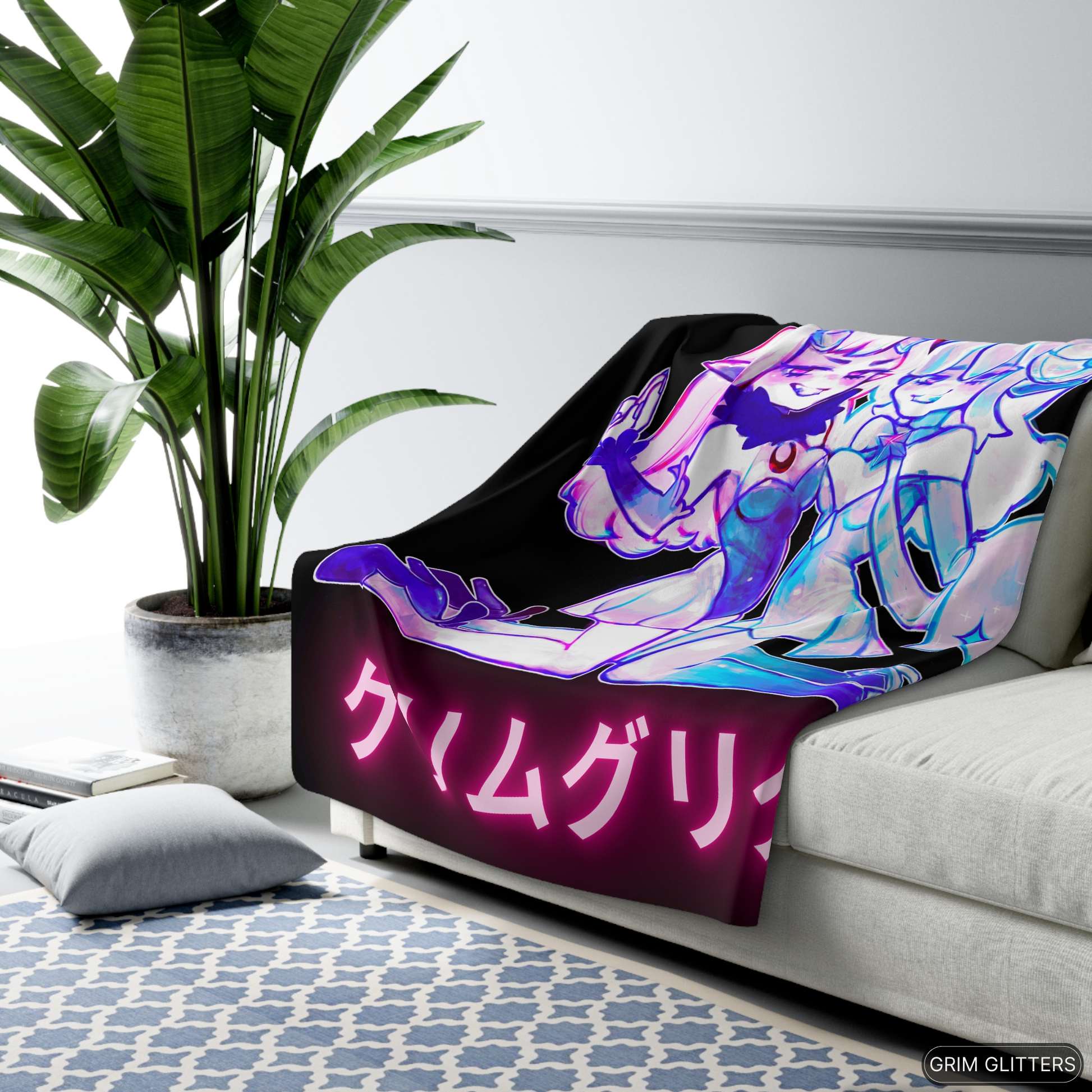 Sink into the warmth of the Grim and Glitter Sherpa Fleece Blanket. Featuring Lunar demon witch Grim and Astral dream caller Glitta.