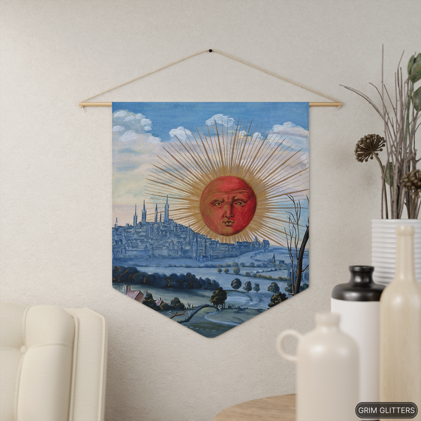 Step into the mystical world of alchemy with the Splendor Solis Pennant Banner from Grim Glitters. Featuring the captivating scene of a red sun rising from the iconic Splendor Solis manuscript, this banner adds a touch of enchantment to any space. Perfect