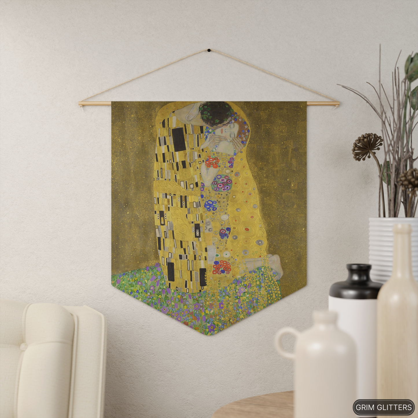 Embrace the timeless allure of Gustav Klimt's "The Kiss" with this stunning pennant banner from Grim Glitters.