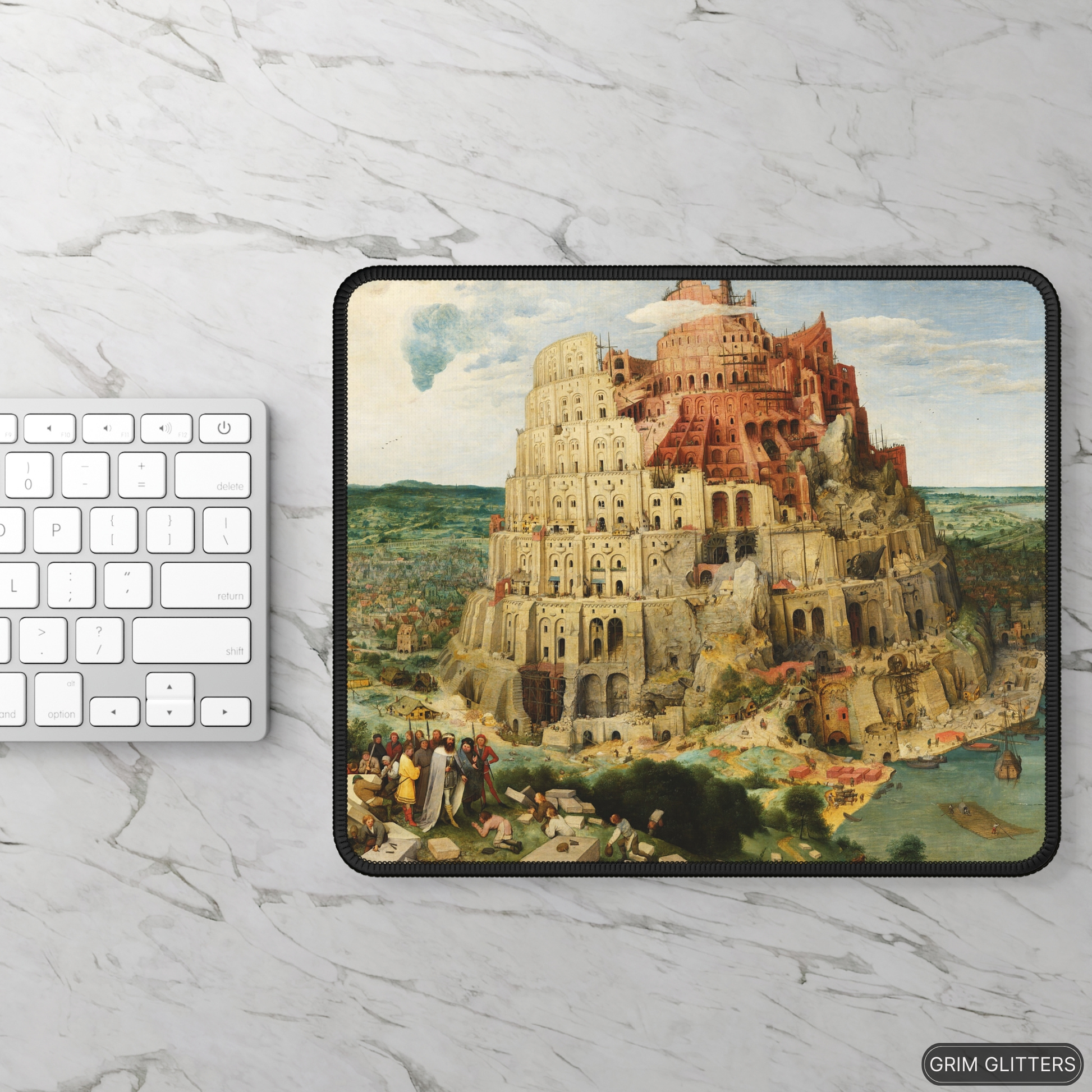 Immerse yourself in medieval art with the Tower of Babel Gaming Mouse Pad from Grim Glitters. Inspired by Pieter Bruegel the Elder's iconic painting, this mouse pad blends historical elegance with modern functionality, perfect for adding artistic charm to