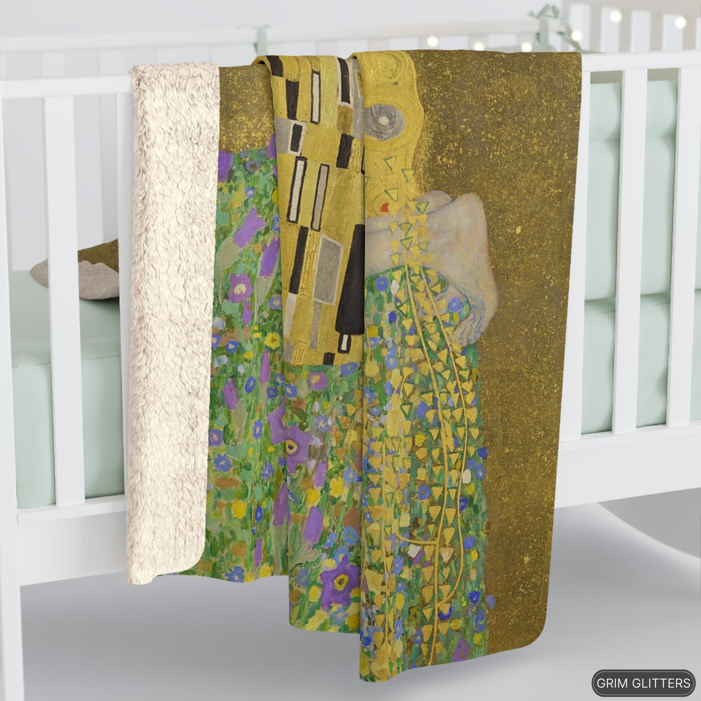 Wrap yourself in the timeless beauty of Gustav Klimt's "The Kiss" with this luxurious sherpa fleece blanket from Grim Glitters. Crafted for comfort and warmth.