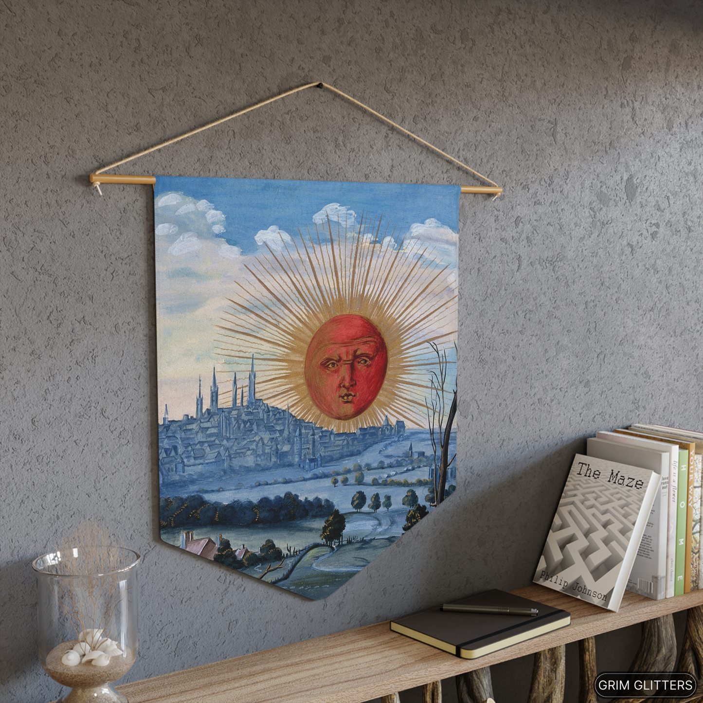 Step into the mystical world of alchemy with the Splendor Solis Pennant Banner from Grim Glitters. Featuring the captivating scene of a red sun rising from the iconic Splendor Solis manuscript, this banner adds a touch of enchantment to any space. Perfect