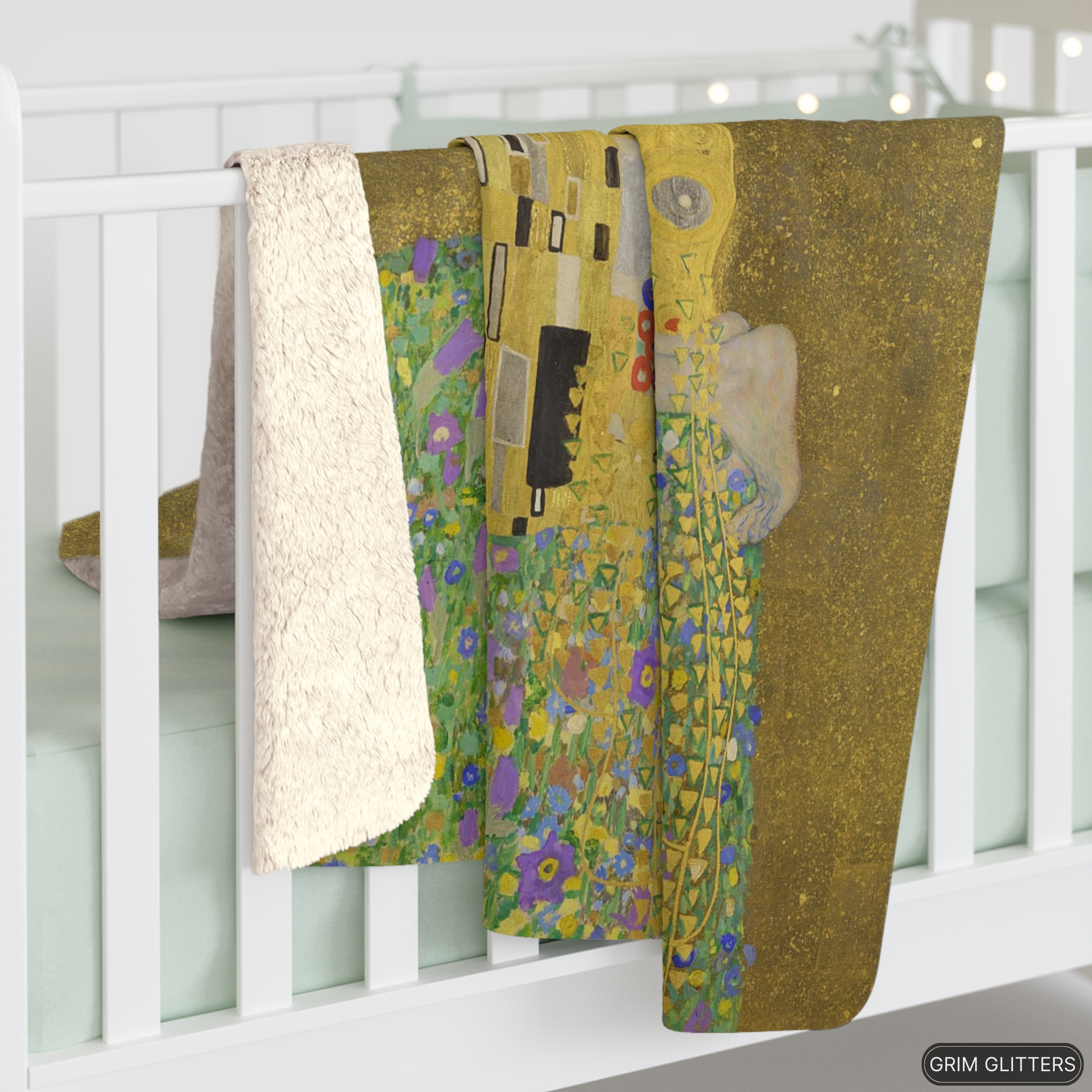 Wrap yourself in the timeless beauty of Gustav Klimt's "The Kiss" with this luxurious sherpa fleece blanket from Grim Glitters. Crafted for comfort and warmth.