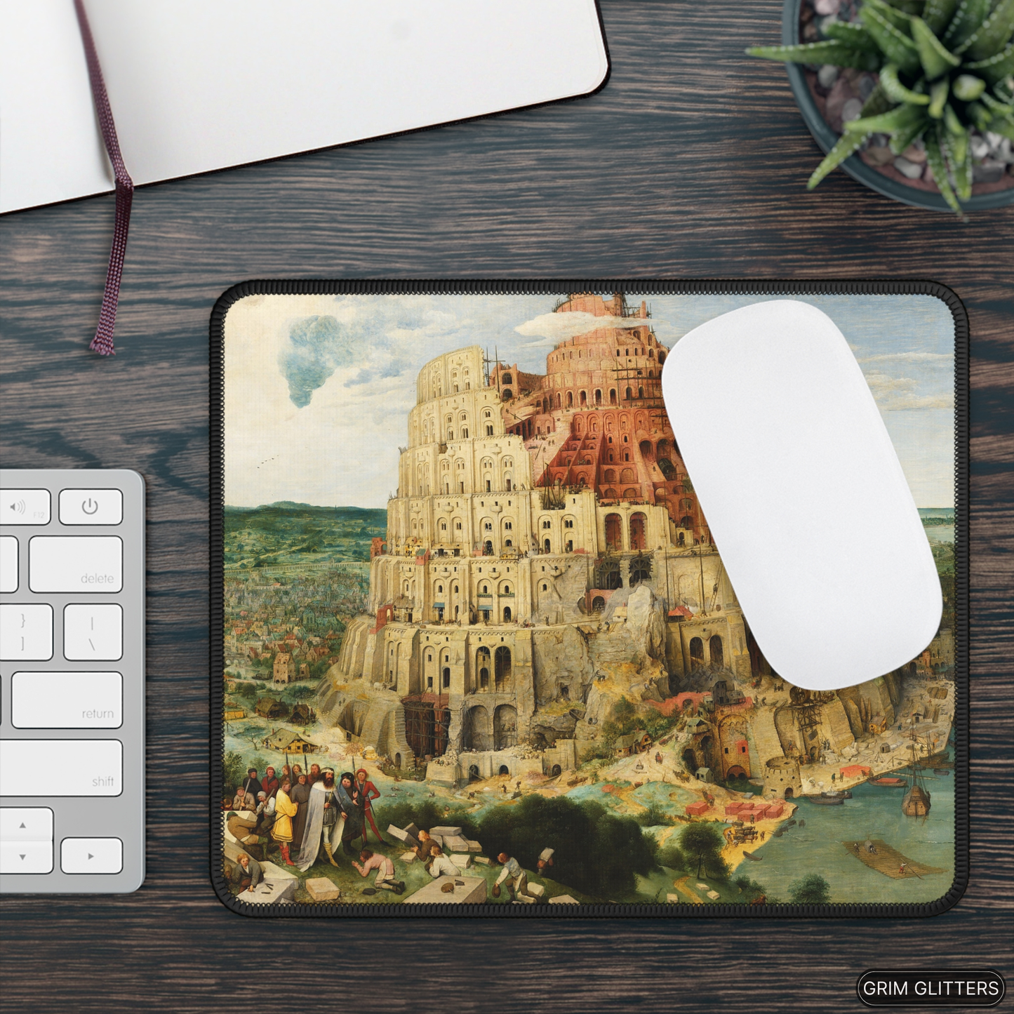 Immerse yourself in medieval art with the Tower of Babel Gaming Mouse Pad from Grim Glitters. Inspired by Pieter Bruegel the Elder's iconic painting, this mouse pad blends historical elegance with modern functionality, perfect for adding artistic charm to