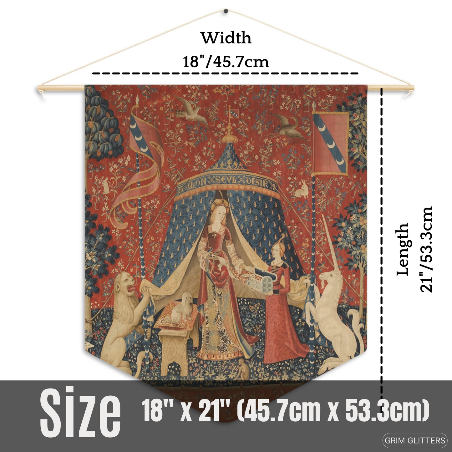 Add a touch of medieval magic to your decor with The Lady and the Unicorn (Desire) Pennant Banner from Grim Glitters. This beautiful banner, inspired by the iconic Unicorn Tapestries, brings historical charm and fantasy allure to any space.