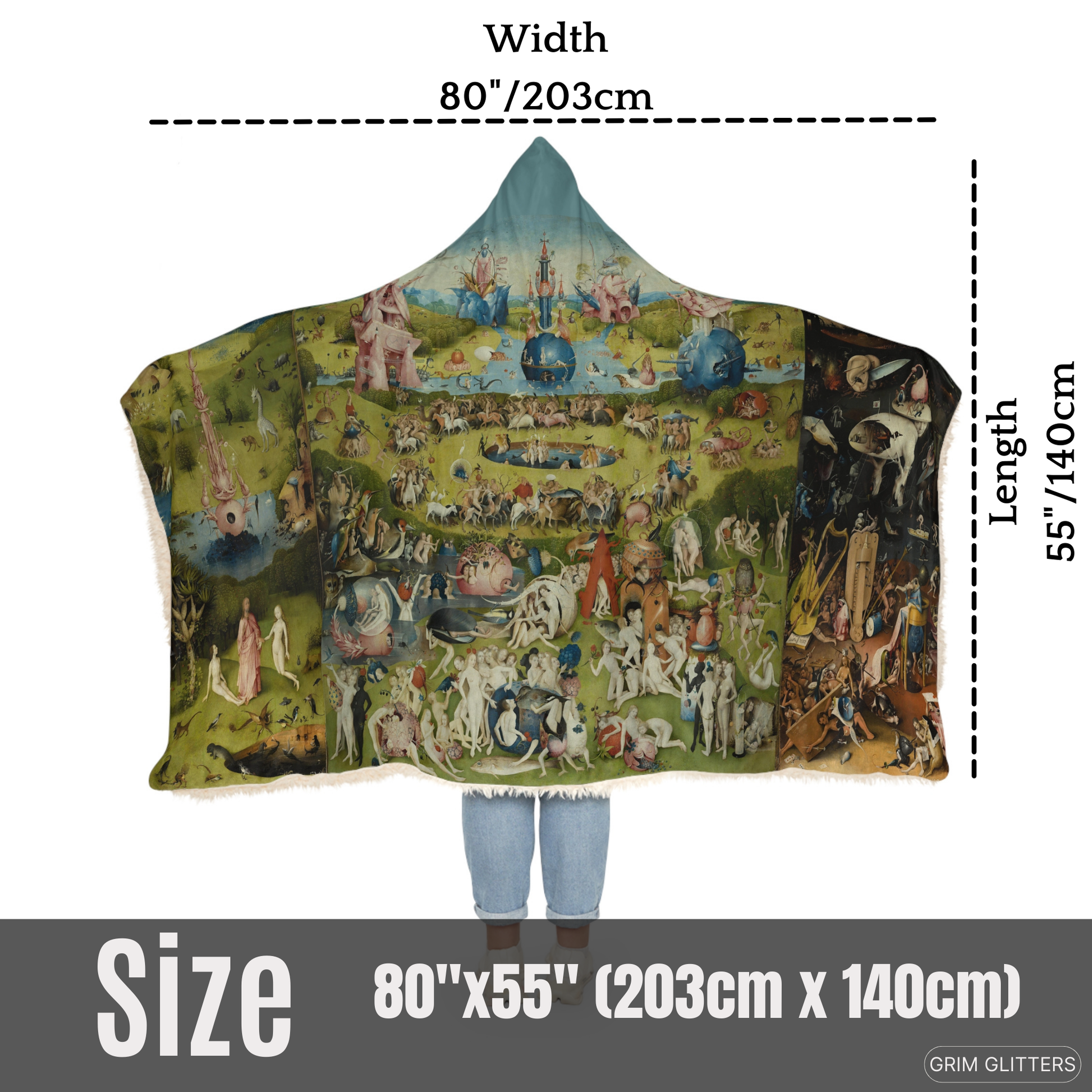 Immerse yourself in Bosch's surreal world with the Triptych Snuggle Cloak. This hooded blanket features the iconic Garden of Earthly Delights triptych.