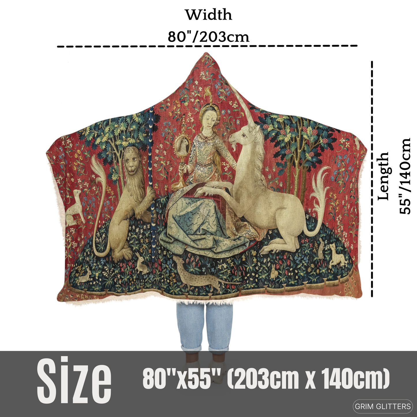 Wrap yourself in medieval elegance with The Lady and the Unicorn (Sight) Snuggle Cloak from Grim Glitters. Inspired by the iconic Unicorn Tapestry.