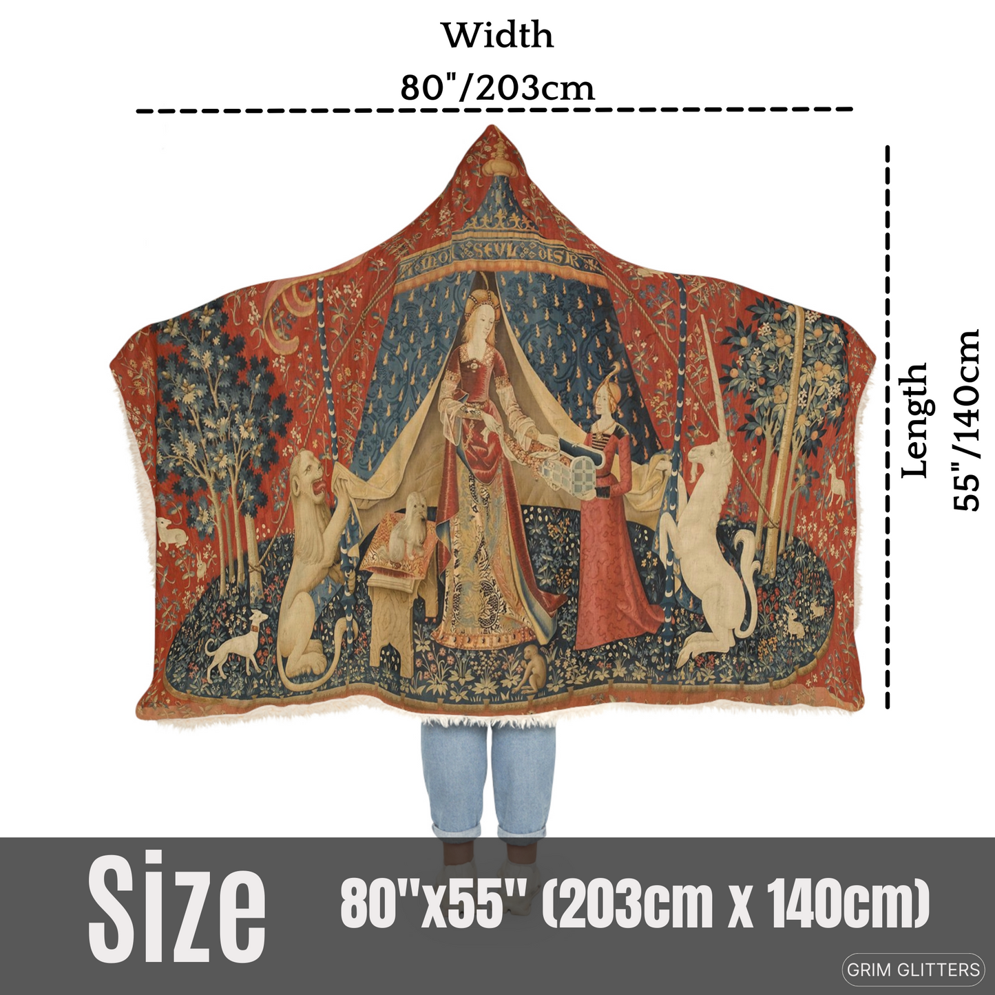 Wrap yourself in the enchanting beauty of The Lady and the Unicorn (Desire) Snuggle Cloak from Grim Glitters. Inspired by the iconic medieval tapestry.